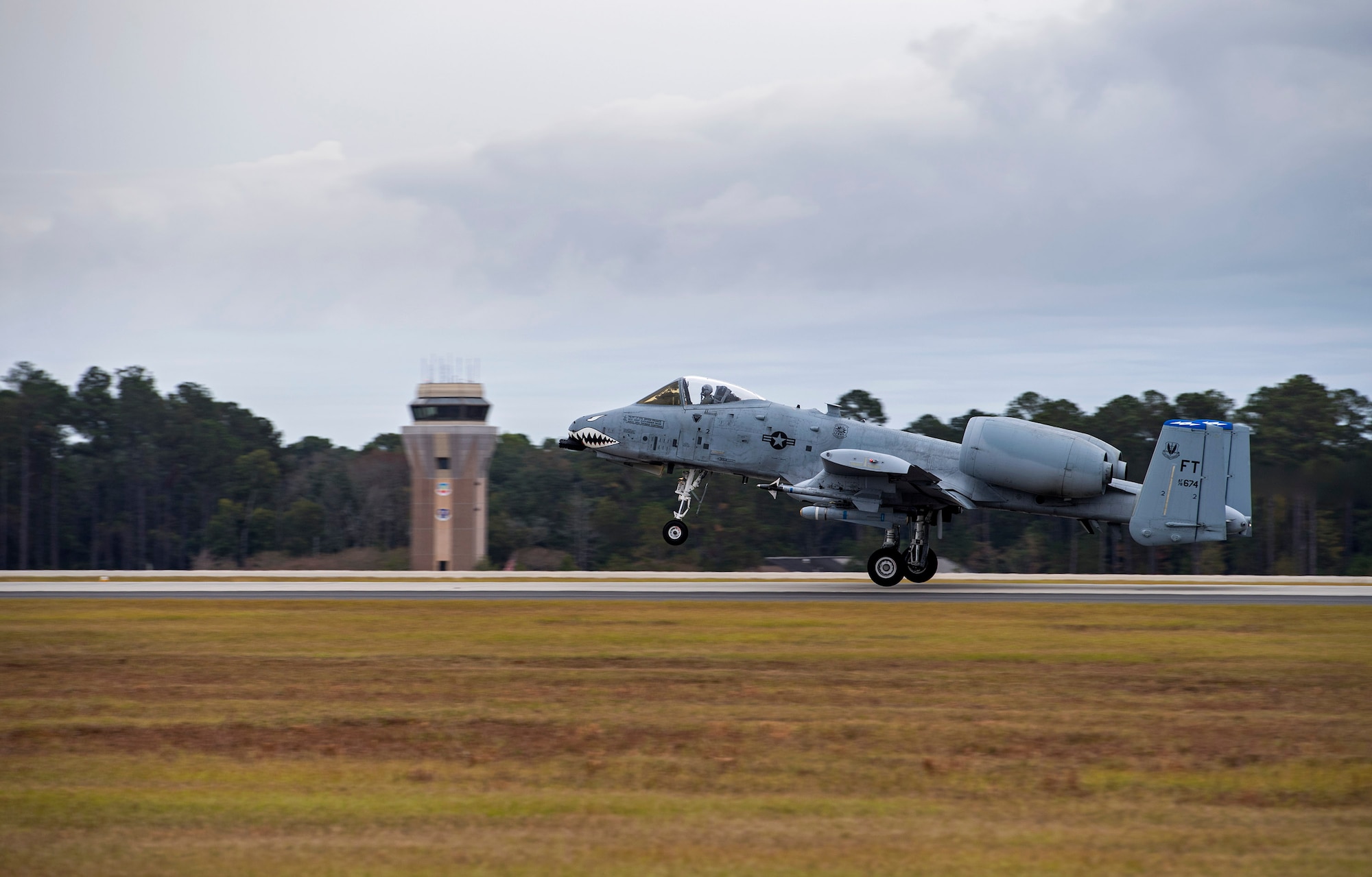An A-10C Thunderbolt II takes off during a surge exercise, Nov. 9, 2016, at Moody Air Force Base, Ga. All of Moody's A-10's, several F-16CM Fighting Falcons from Shaw AFB's 55th Fighter Squadron and McEntire Joint National Guard's 157th Fighter Squadron, practiced interacting in a limited air space for downrange combat operations. (U.S. Air Force photo by Airman 1st Class Janiqua P. Robinson)
