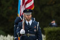 Ceremonial guardsmen from the 52nd Fighter Wing, Spangdahlem Air Base, Germany, march while carrying the Luxembourg and American flags during a Memorial Day ceremony at the Luxembourg American Military Cemetery and Memorial in Luxembourg, Nov. 11, 2016. The ceremony paid tribute to the legacy of service of members of the American armed forces. (U.S. Air Force photo by Staff Sgt. Joe W. McFadden)