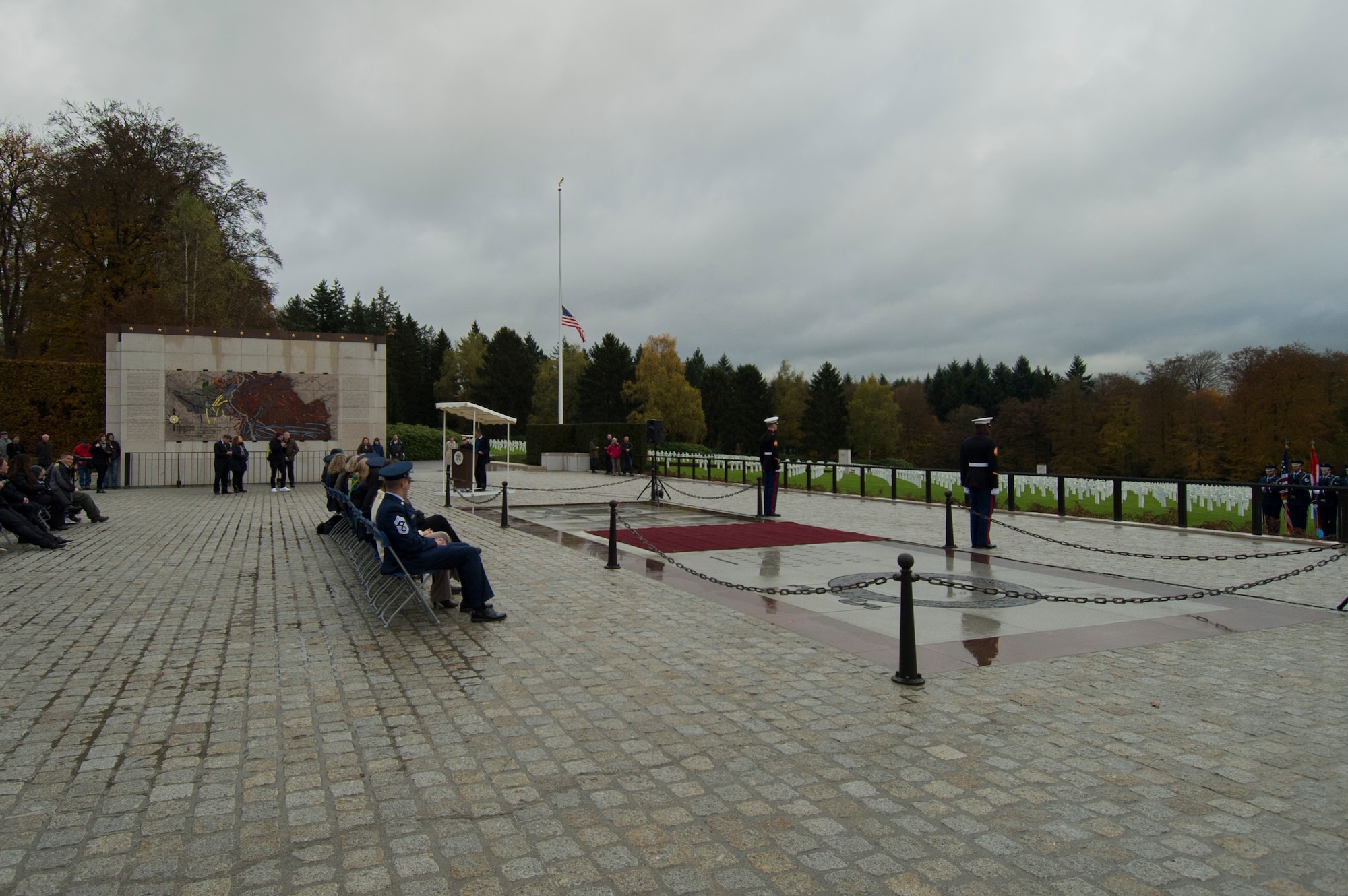 Citizens of Luxembourg and the United States of America listen during a Memorial Day ceremony at the Luxembourg American Military Cemetery and Memorial in Luxembourg, Nov. 11, 2016. The ceremony paid tribute to the legacy of service of members of the American armed forces. (U.S. Air Force photo by Staff Sgt. Joe W. McFadden)