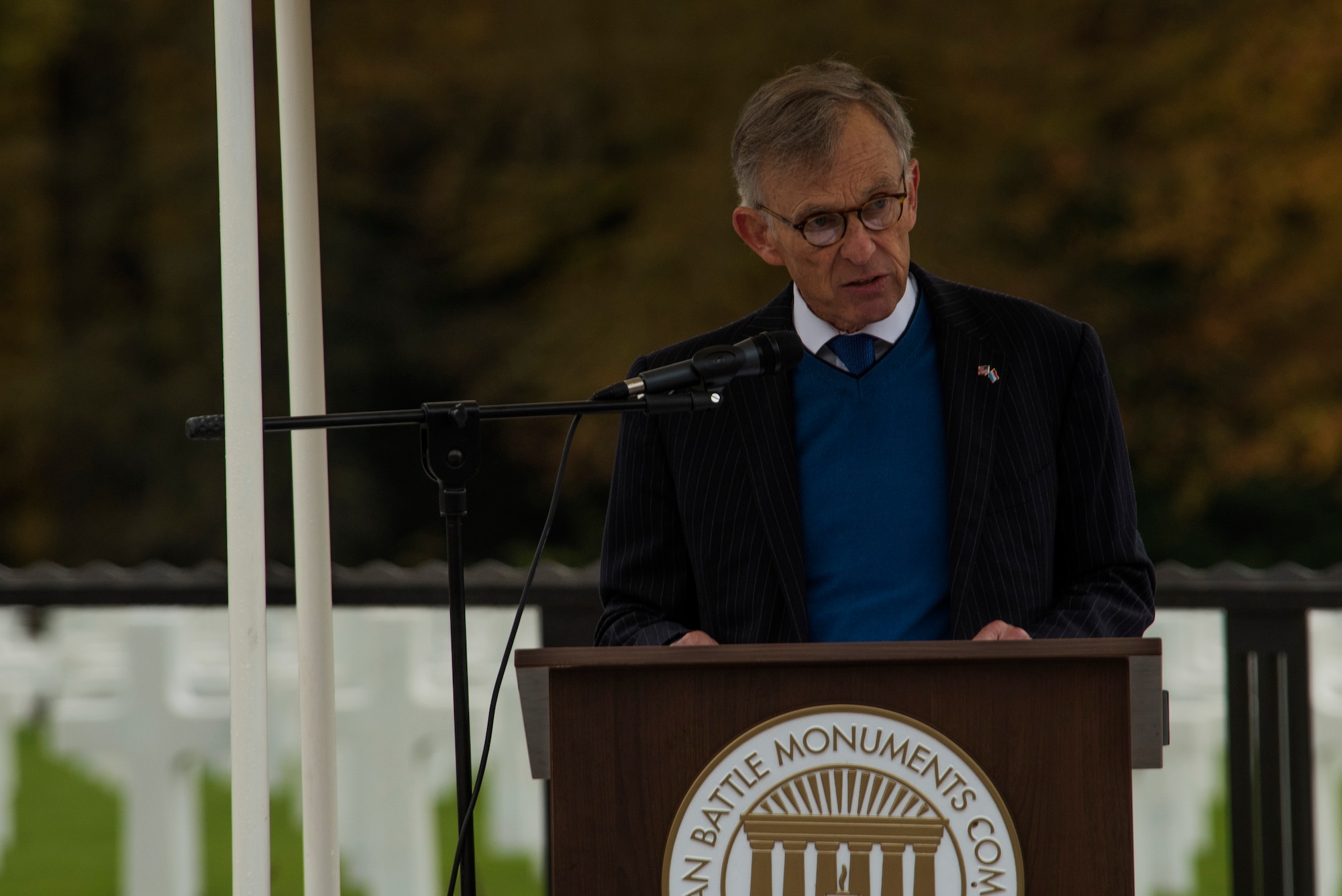David McKean, U.S. Ambassador to the Grand Duchy of Luxembourg, speaks during a Memorial Day ceremony at the Luxembourg American Military Cemetery and Memorial in Luxembourg, Nov. 11, 2016. The ceremony paid tribute to the legacy of service of members of the American armed forces. (U.S. Air Force photo by Staff Sgt. Joe W. McFadden)