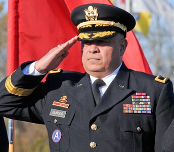 Brig. Gen. Jose R. Burgos, deputy commanding general of the Army Reserve’s 99th Regional Support Command, speaks at Millcreek Park in Willingboro, New Jersey, following the town’s Veterans Day parade Nov. 12. “Today’s Army Reserve is the most capable, combat-ready and lethal federal reserve force in our nation’s history, and it is our Veterans upon whose shoulders this awesome force has been built,” Burgos said.