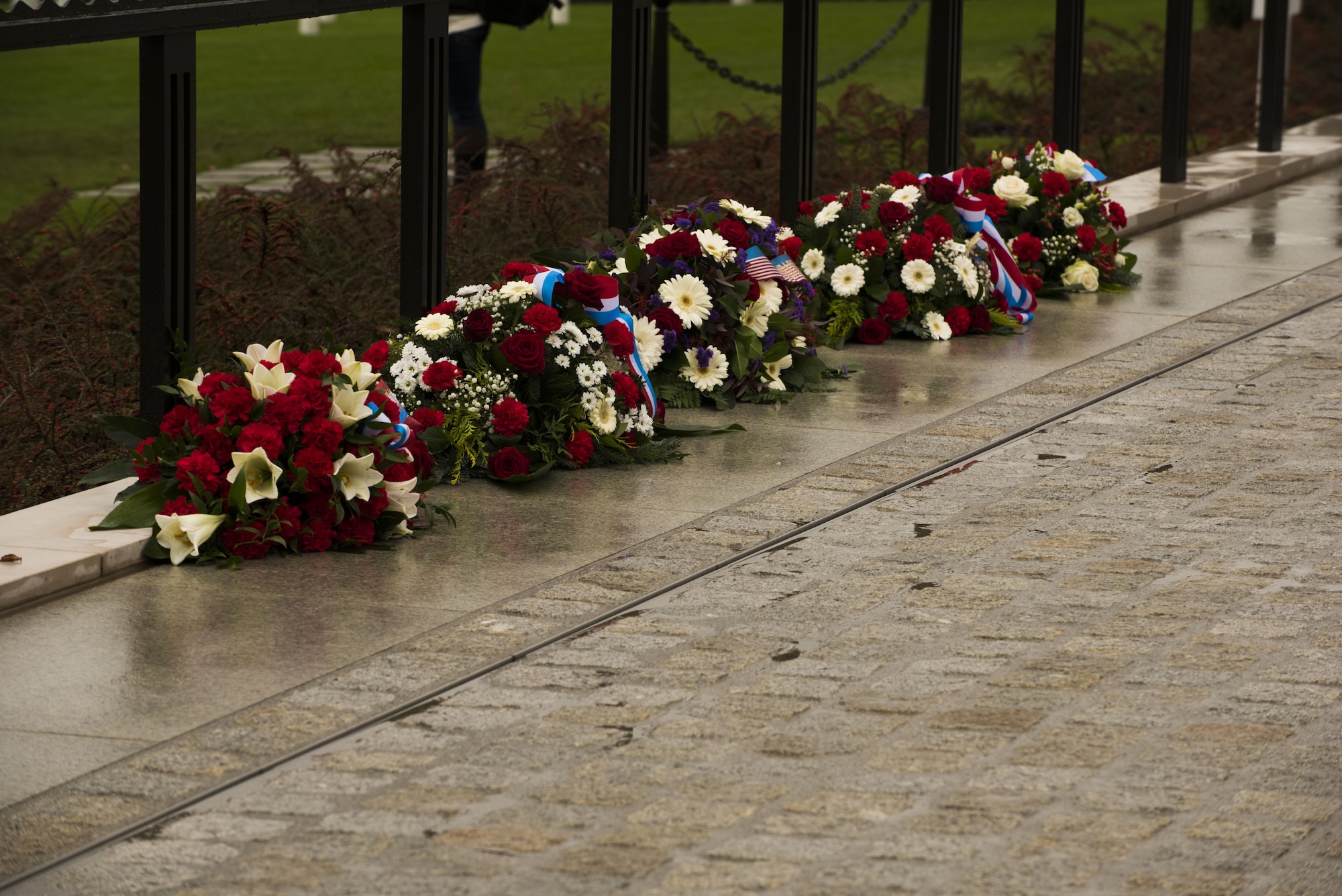 A collection of wreaths remain on display during a Memorial Day ceremony at the Luxembourg American Military Cemetery and Memorial in Luxembourg, Nov. 11, 2016. The ceremony paid tribute to the legacy of service of members of the American armed forces. (U.S. Air Force photo by Staff Sgt. Joe W. McFadden)