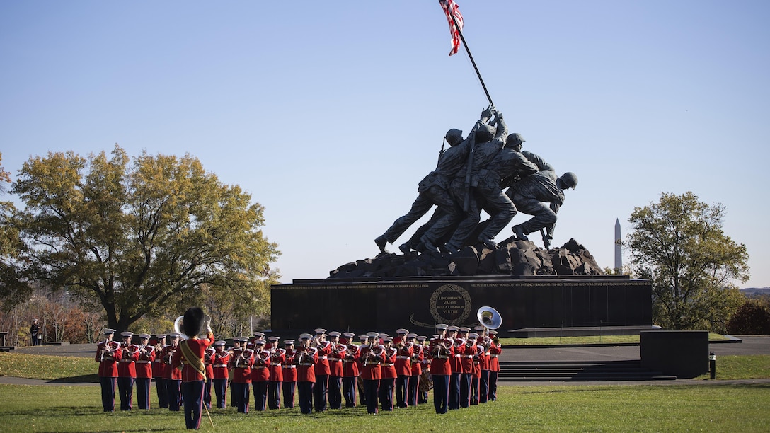 Members of the President's Own perform at the Marine Corps War memorial during a wreath laying ceremony in Arlington, Va., Nov. 10, 2016. Marines past and present were honored during the ceremony at Arlington National Cemetery, which took place on the 241st Marine Corps Birthday.