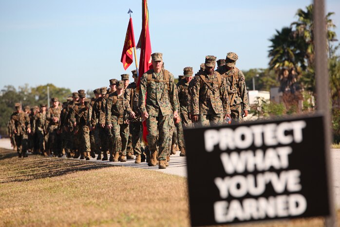 Lieutenant Gen. William D. Beydler, commander, U.S. Marine Corps Forces Central Command, leads the Marines and sailors of MARCENT on a 12-mile hike, throughout Air Force Base MacDill, to celebrate the 241st Marine Corps Birthday, Nov. 10.