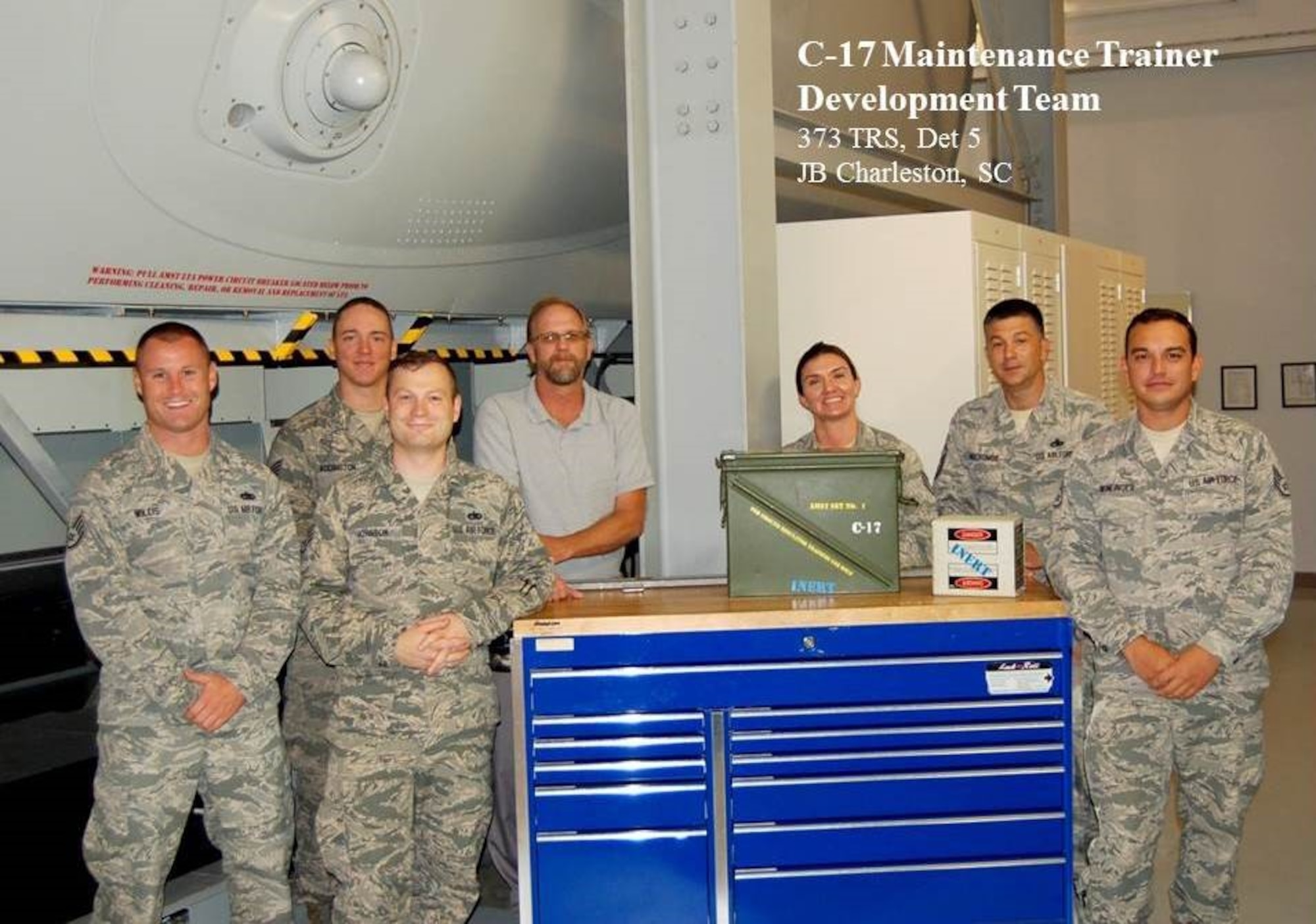 The 373rd Training Squadron, Detachment 5, C-17 Maintenance Trainer Development Team's mission is to train the C-17 aircraft maintenance community by integrating the highest caliber instructors and applying modern technology to develop the ultimate warfighter who delivers global mobility. Det 5 is located out of Joint Base Charleston, South Carolina. (U.S. Air Force courtesy photo)