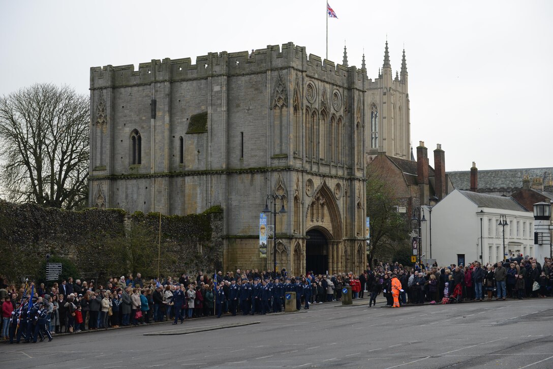U.S. Air Force Airmen march along Angel Hill during a wreath-laying ceremony Nov. 13, 2016, in Bury St. Edmunds, England. Remembrance Sunday was originally named Armistice Day after World War I, which ended at the 11th hour on the 11th day of the 11th month in 1918. The day was changed to Remembrance Sunday after World War II to honor all of the men and women who died serving their country. (U.S. Air Force photo by Staff Sgt. Richard Ware)   