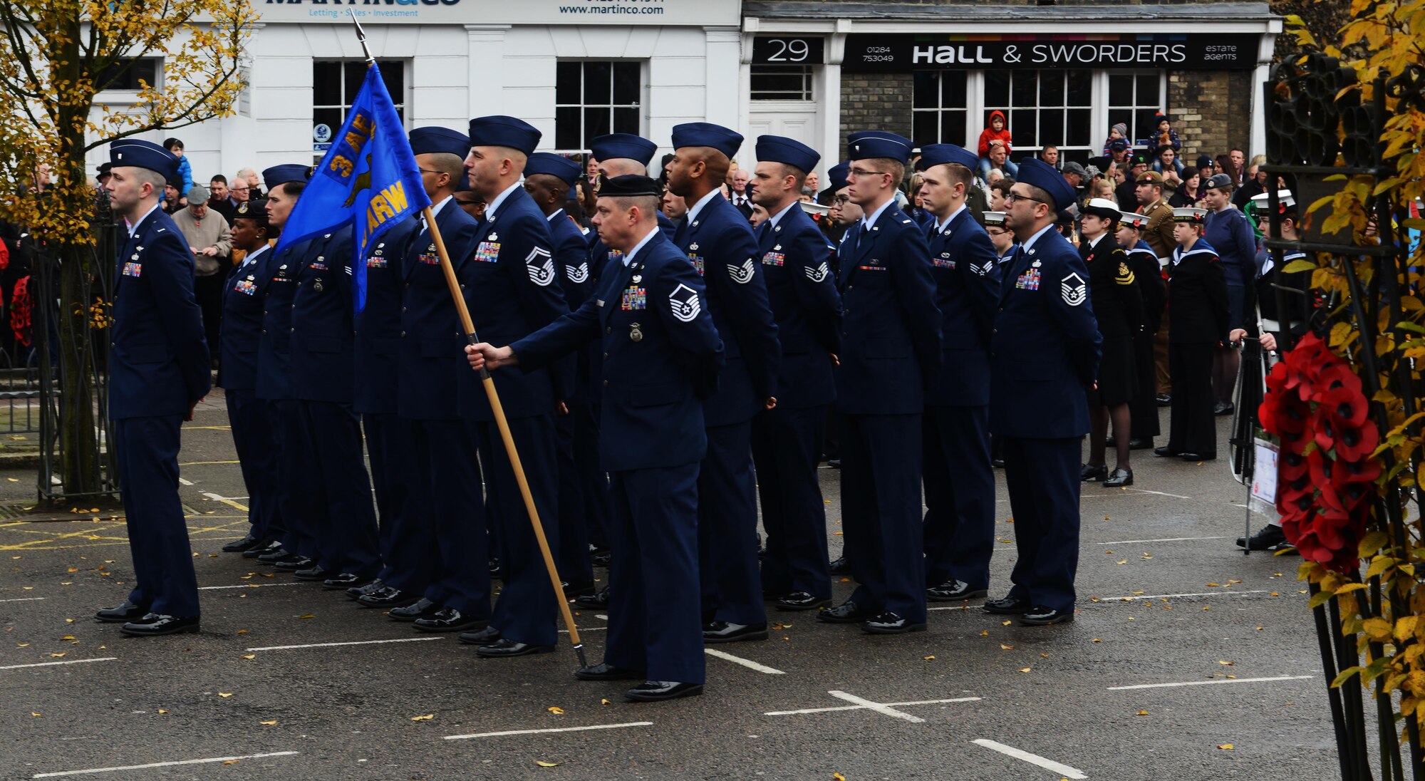 U.S. Air Force Airmen participate in a wreath laying ceremony Nov. 13, 2016, in Bury St. Edmunds, England. Remembrance Sunday was originally named Armistice Day after World War I, which ended at the 11th hour on the 11th day of the 11th month in 1918. The day was changed to Remembrance Sunday after World War II to honor all of the men and women who died serving their country. (U.S. Air Force photo by Staff Sgt. Richard Ware)   
