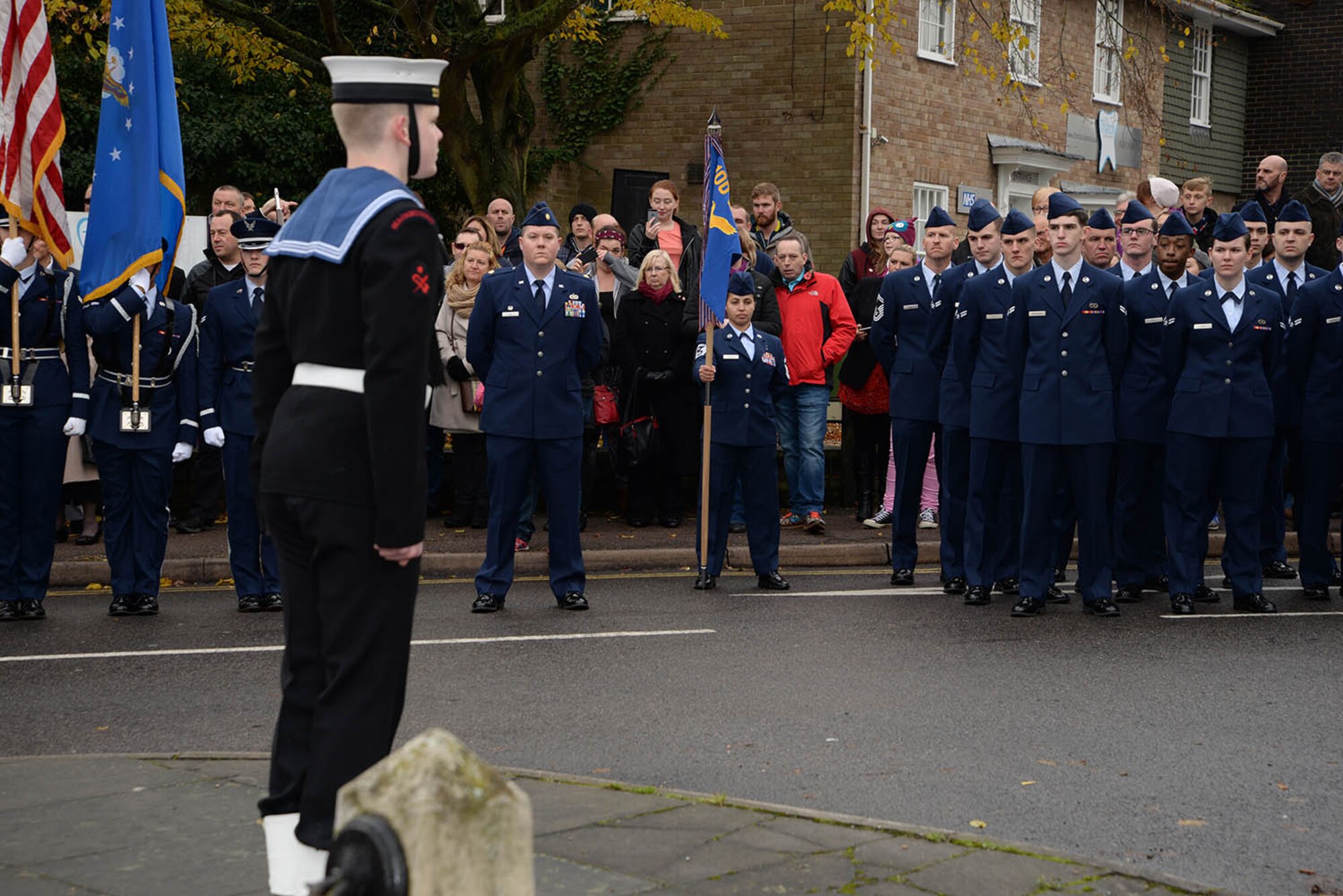 U.S. Air Force Airmen from RAF Mildenhall stand alongside Sea Cadets, Army Cadets, Air Cadets, Royal British Legion veterans and many other groups from the local community during the Remembrance Sunday parade Nov. 13, 2016, in Mildenhall, England. Remembrance ceremonies are held around the UK each year on the closest Sunday to Armistice Day, Nov. 11, to honor those who lost their lives in wars both past and present. (U.S. Air Force photo by Karen Abeyasekere)