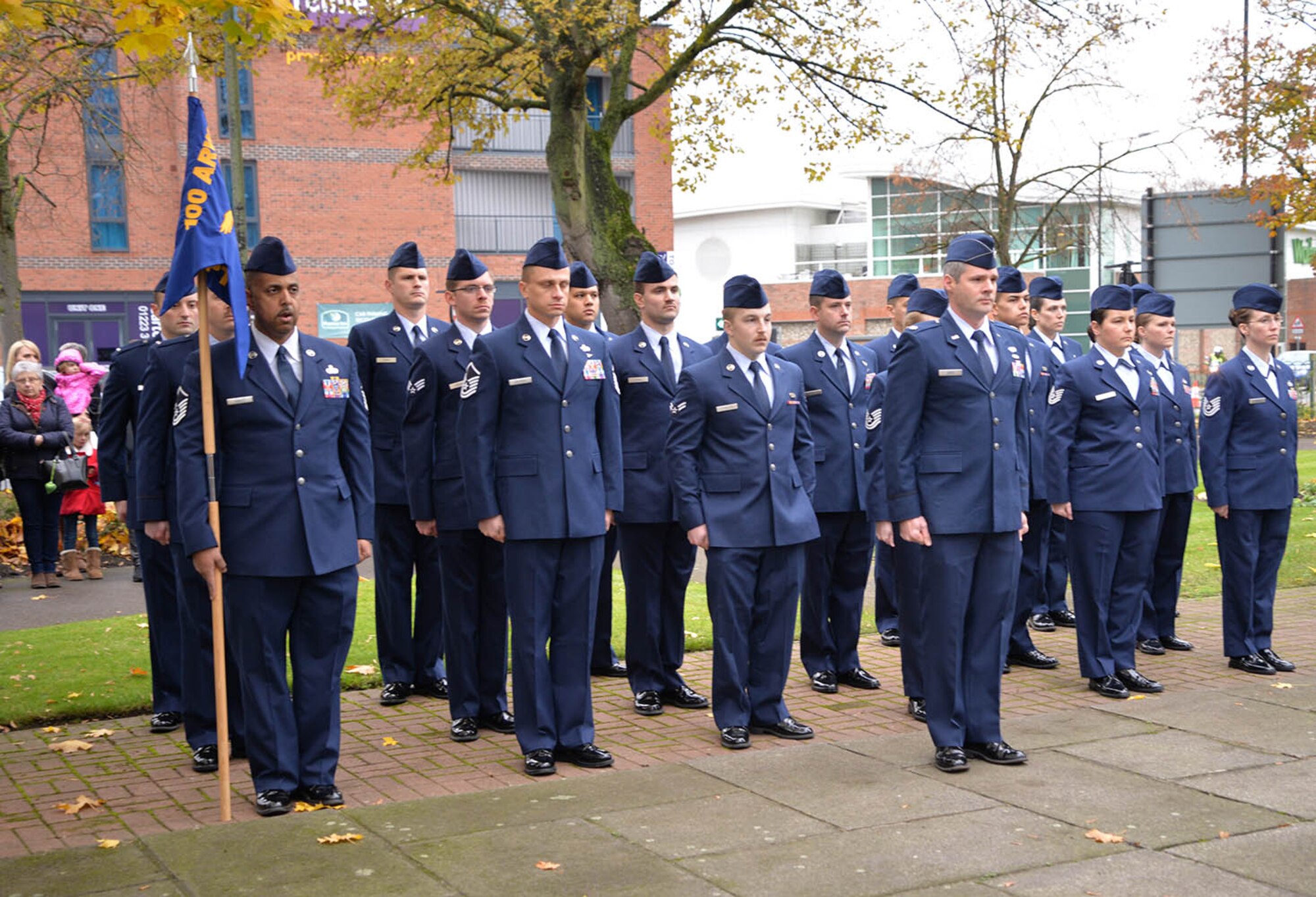 U.S. Air Force Airmen from RAF Mildenhall stand at attention during a Remembrance Sunday ceremony Nov. 13, 2016, in Newmarket, England. Team Mildenhall Airmen participated in ceremonies and services throughout the local area to honor those who lost their lives in both current and past wars. (U.S. Air Force photo by Karen Abeyasekere)