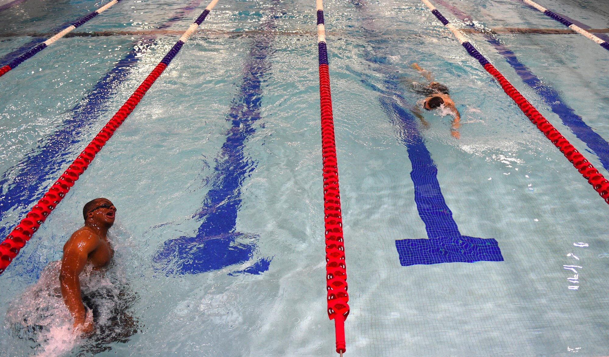 Joint Base Elmendorf-Richardson swimmers race to the finish line at Buckner Physical Fitness Center, Oct. 28, 2016. For Air Force Sports, active duty, Air National Guard and Air Force Reserve members at JBER can participate by visiting Buckner Physical Fitness Center and requesting Air Force Form 303. 