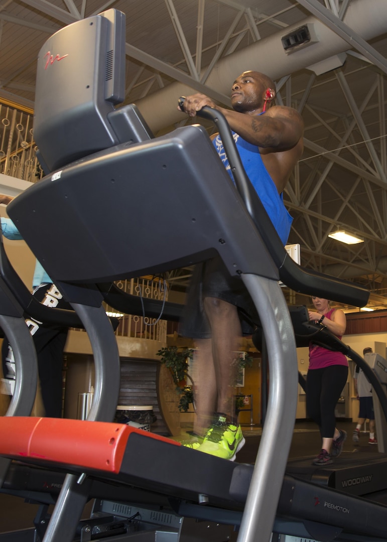 Tech Sgt. Jason Haden, Air Education and Training Command NCO in charge of instructor and support assignments, walks on the treadmill at full incline at the Rambler Fitness Center on Joint Base San Antonio-Randolph Oct. 24, 2016. Haden lifted weights six times a week followed by an hour-and-a-half of cardio every day in preparation for the National Physique Committee’s Lackland Classic, a bodybuilding competition,  in San Antonio Nov. 12. 