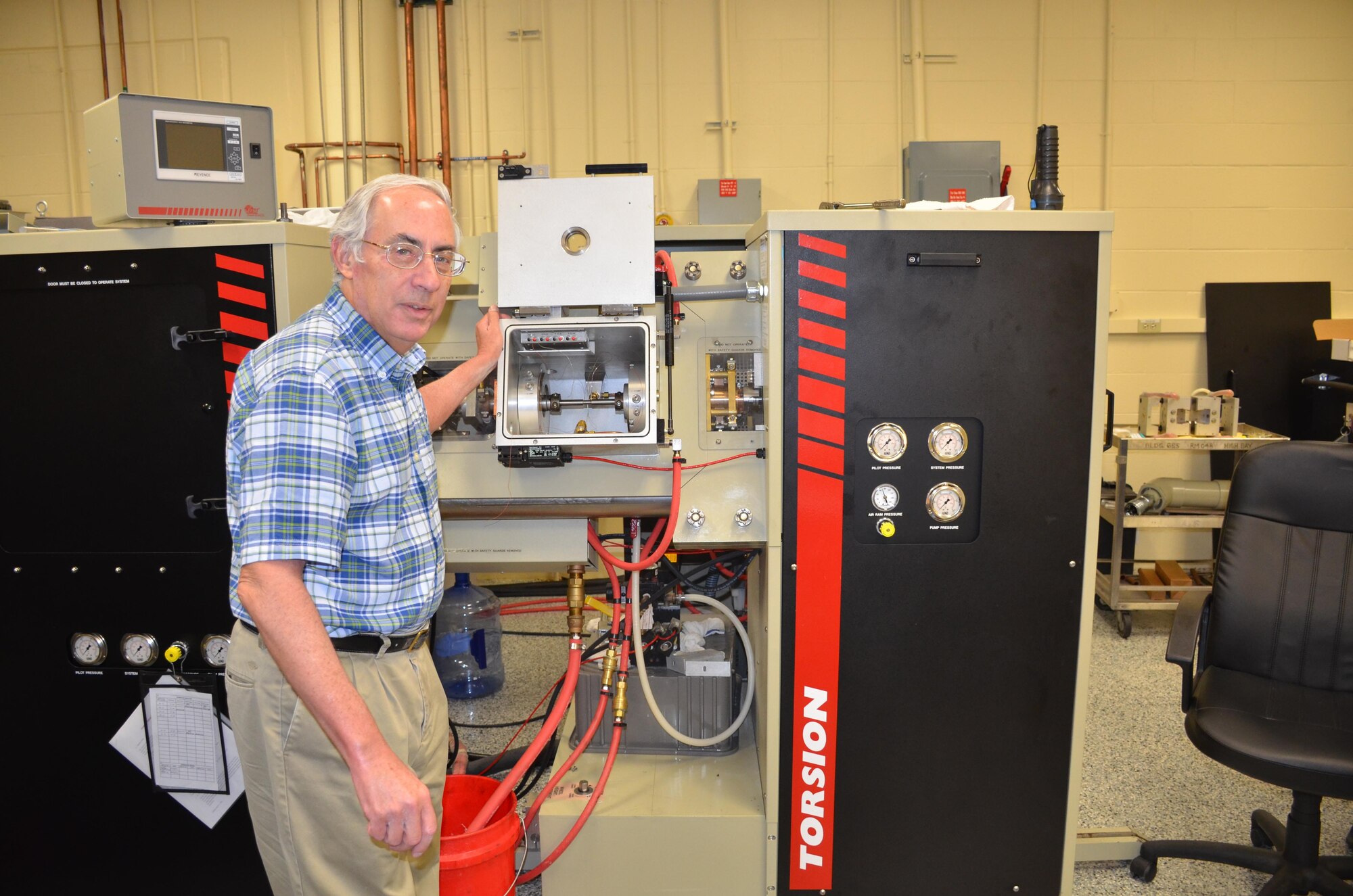 Dr. Sheldon (Lee) Semiatin, senior scientist, Materials and Manufacturing Directorate, Air Force Research Laboratory, uses a Gleeble machine for thermomechanical processing of aerospace alloys. This machine aids projects that require solid state joining of nickel-based superalloys.