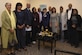 Terell Stanfford, center left, Jazz Heritage Series iconic jazz artist and Lt. Gen. Stayce Harris, center right, Air Force assistant vice chief of staff, and her accompanied guests pose for a group photo in Alexandria, Va., Nov. 11, 2016. Harris met and greeted the jazz artist before their concert. In 1990, the Airmen of Note established the jazz heritage series, featuring the “Note” in concert with legendary icons of jazz. (U.S. Air Force photo by Airman 1st Class Valentina Lopez)