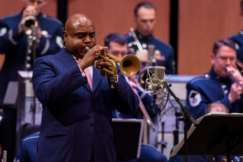 Terell Stanfford, jazz trumpeter, performs with the Airmen of Note in the Jazz Heritage Series at the Rachel M. Schlesinger Concert Hall in Alexandria, Va., Nov. 11, 2016. Terell Stafford has been nominated for several Grammys and is a professional in the art of jazz. The Airmen of Note and iconic jazz artists have been performing in the series since 1990. (U.S. Air Force photo by Airman 1st Class Valentina Lopez)