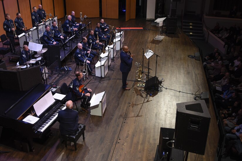 Terell Stanfford, jazz trumpeter, and the Airmen of Note, Air Force Band jazz ensemble, perform for the Jazz Heritage Series at the Rachel M. Schlesinger Concert Hall in Alexandria, Va., Nov. 11, 2016. The series was established in 1990 by the Airmen of Note. Every year the “Note” is featured in concert with legendary jazz artists. (U.S. Air Force photo by Airman 1st Class Valentina Lopez)