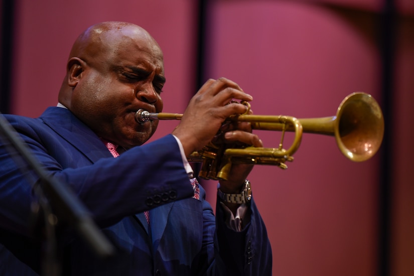 Terell Stanfford, jazz trumpeter, plays in the Jazz Heritage Series at the Rachel M. Schlesinger Concert Hall in Alexandria, Va., Nov. 11, 2016. Terell Stafford has been nominated for several Grammys. Every year the series features the Airmen of Note in concert alongside renowned jazz artists. (U.S. Air Force photo by Airman 1st Class Valentina Lopez)