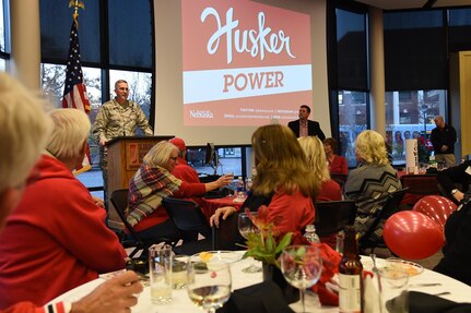 Gen. John E. Hyten, commander of U.S. Strategic Command (USSTRATCOM), speaks at the University of Nebraska President’s Tailgate event prior to the Nebraska Cornhuskers – Minnesota Golden Gophers college football game Nov. 12, 2016, as the guest of university president Hank Bounds. The university also provided game tickets to veterans and active duty personnel assigned to USSTRATCOM and area commands as part of the Veterans Day weekend. One of nine DoD unified combatant commands, USSTRATCOM has global strategic missions assigned through the Unified Command Plan that include strategic deterrence; space operations; cyberspace operations; joint electronic warfare; global strike; missile defense; intelligence, surveillance and reconnaissance; combating weapons of mass destruction; and analysis and targeting. (U.S. Navy photo by Petty Officer 1st Class Byron C. Linder)