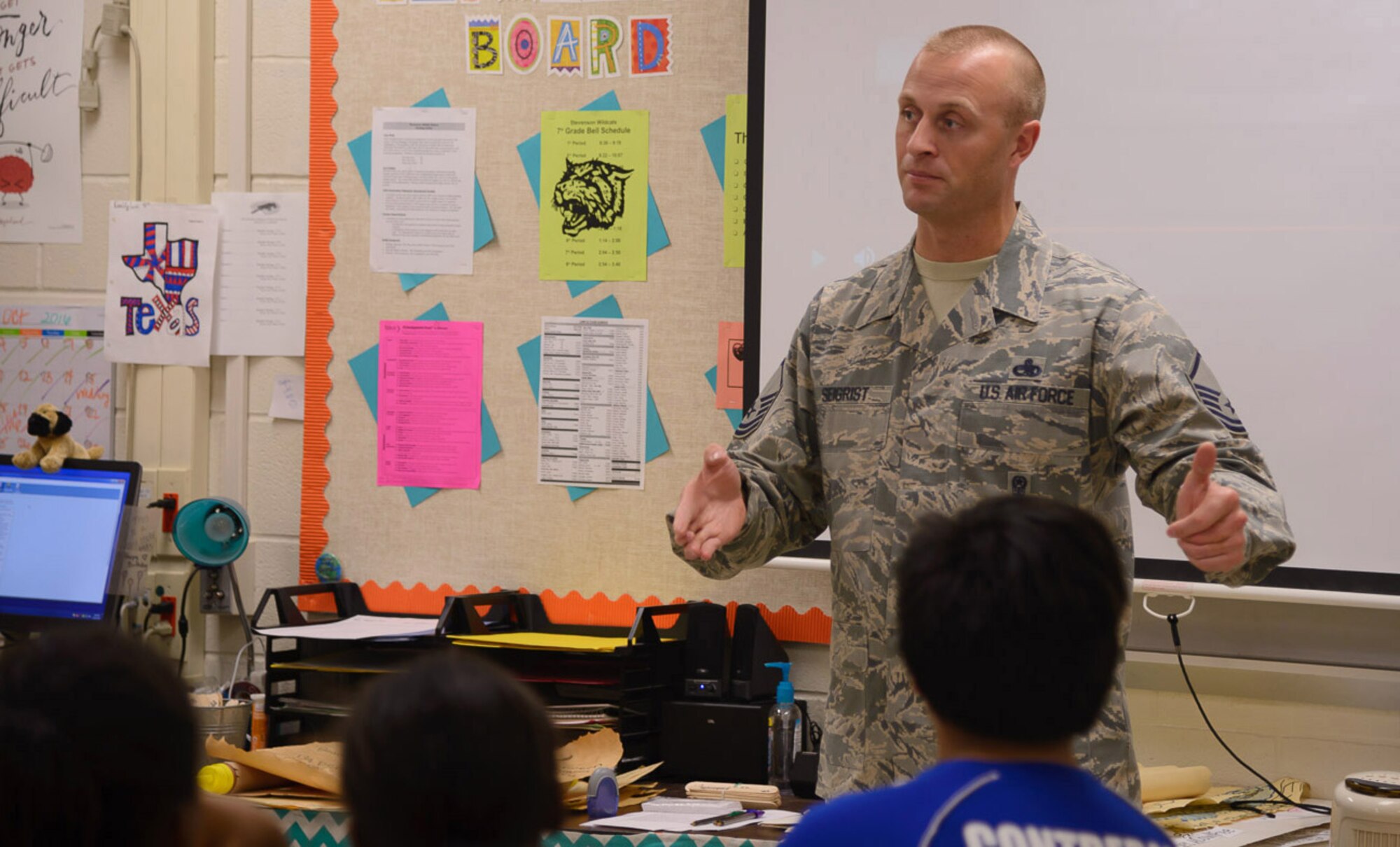 Master Sgt.Justin Seigrist, Air Education and Training Command, speaks to students at Stevenson Middle School on Veteran's Day. Photo by: Lori A. Bultman