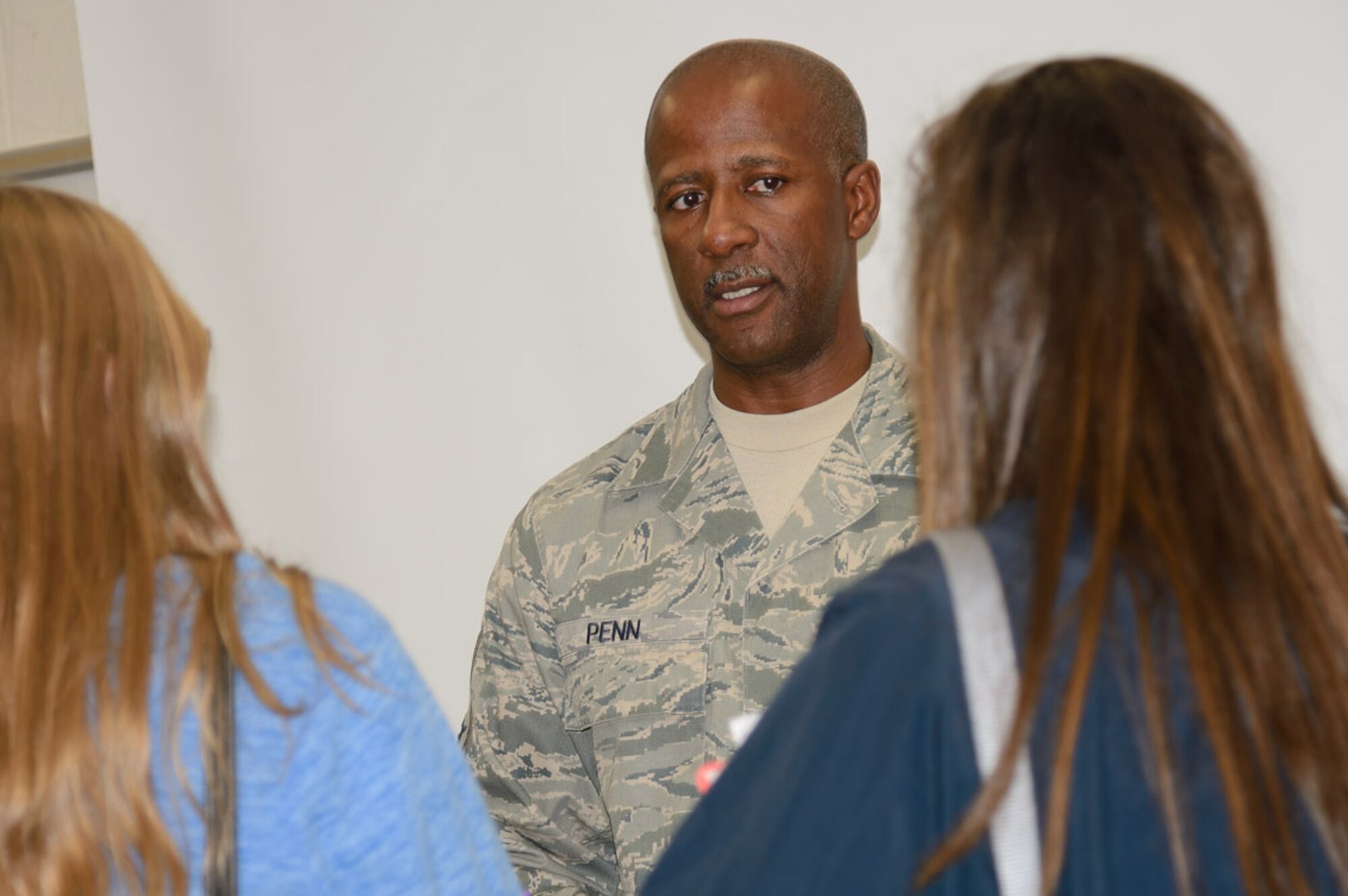 Chief Master Sgt. Marcus Penn, Air Education and Training Command, speaks to students at Stevenson Middle School on Veteran's Day.