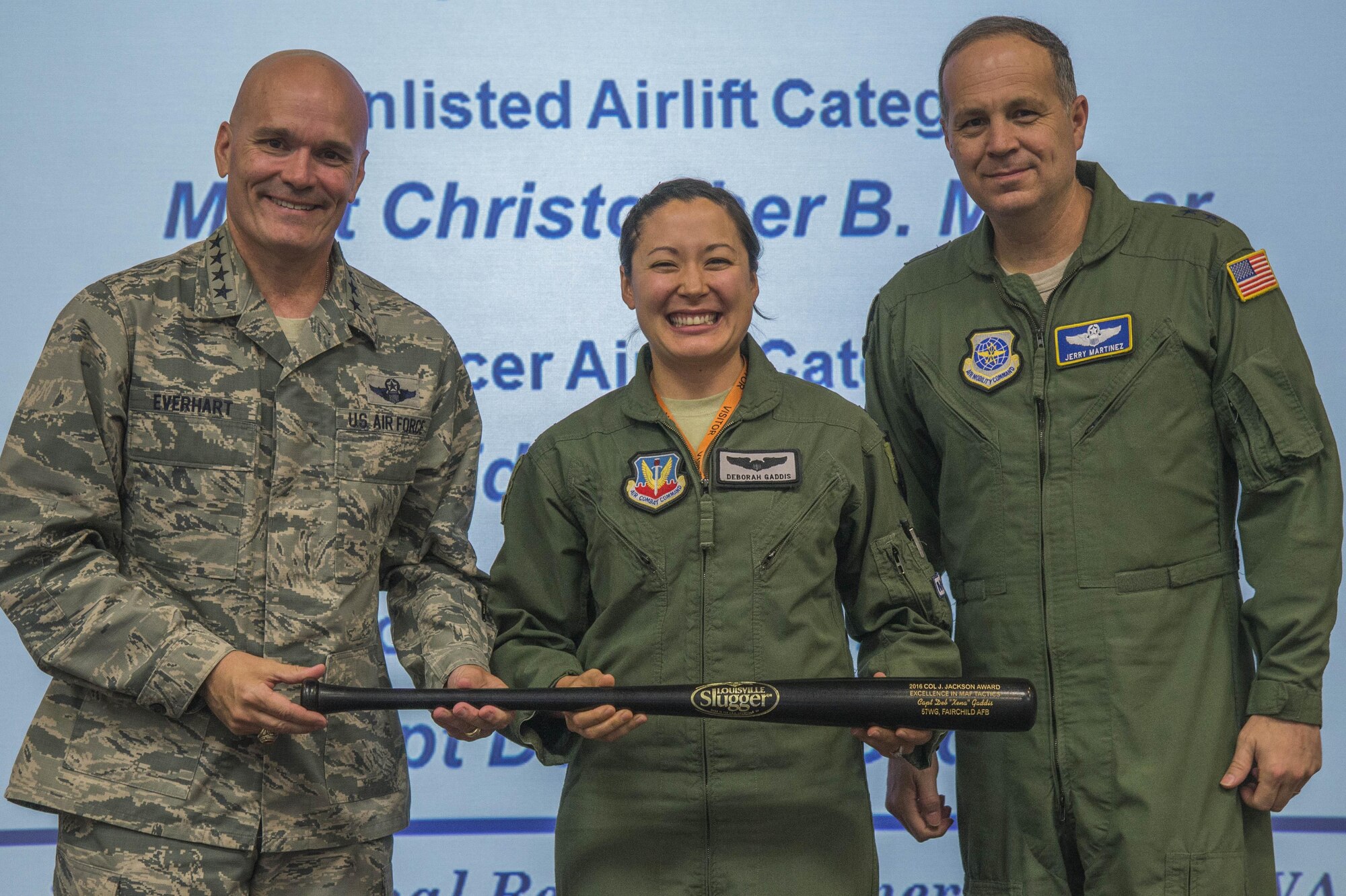 Capt. Deborah Gaddis, 509th Weapons Squadron training flight commander and Weapons Instructor Course instructor, accepts the 2016 Col. Joe Jackson Award for Excellence in Mobility Tactics from Gen. Carlton Everhart, Air Mobility Command commander, and Lt. Gen. Jerry P. Martinez, United States Forces Japan commander and previous AMC director of operations, Sept. 15, 2016, at Scott Air Force Base, Illinois. This annual award represents the very best in the significant achievement in mobility tactics, application of innovative weapons and tactics employment, and the instruction and evaluation of tactics which significantly contributed to increased readiness.
(Courtesy Photo)
