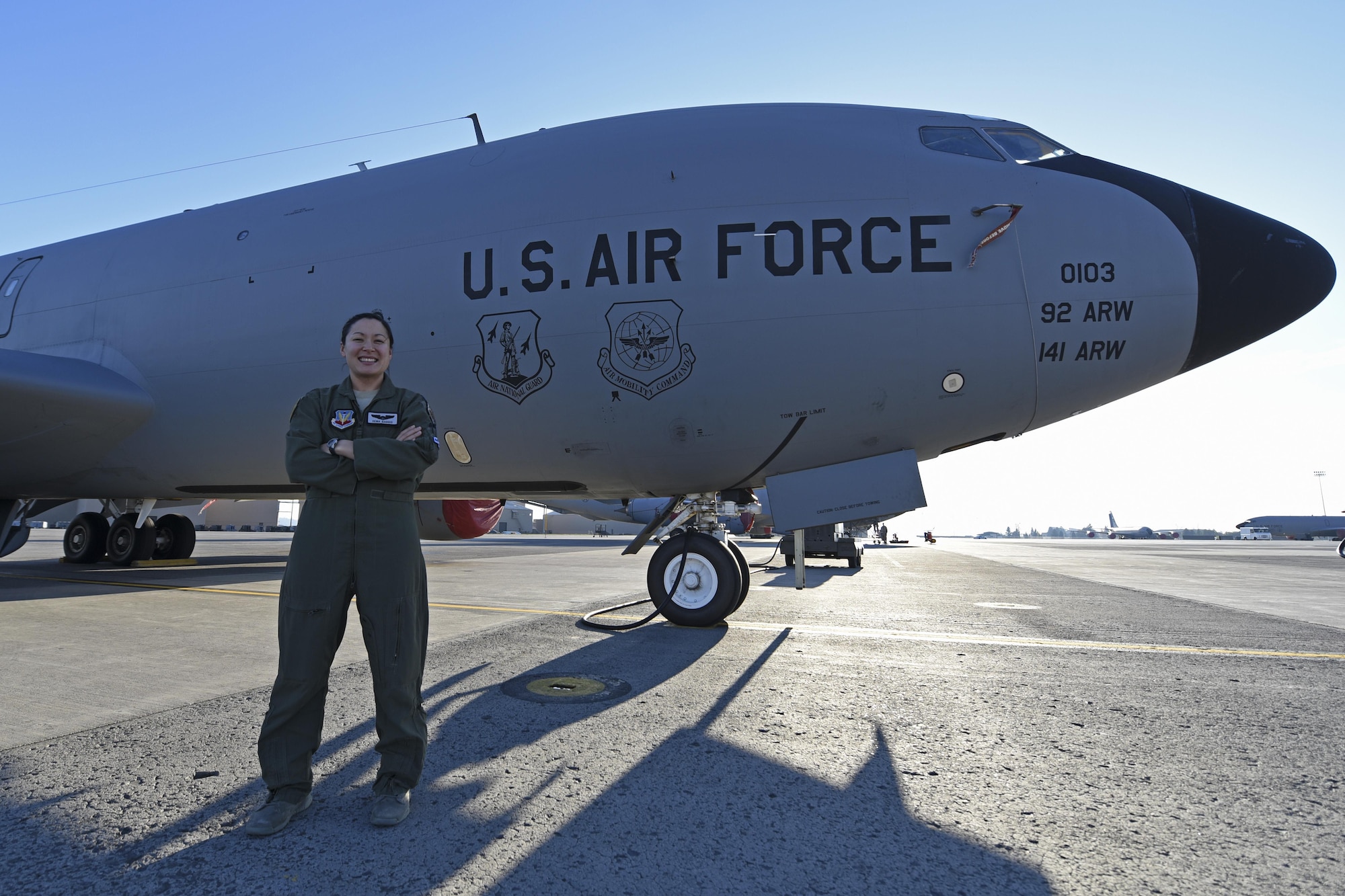 Capt. Deborah A. Gaddis, 509th Weapons Squadron training flight commander and Weapons Instructor Course instructor, stands beside a KC-135 Stratotanker Nov. 9, 2016, at Fairchild Air Force Base. Gaddis has been flying the KC-135 since her arrival at Fairchild in 2010; first as a pilot with the 92nd Operations Group and then became an instructor with the 509th Weapons Squadron in 2015. (U.S. Air Force photo/Senior Airman Mackenzie Richardson)