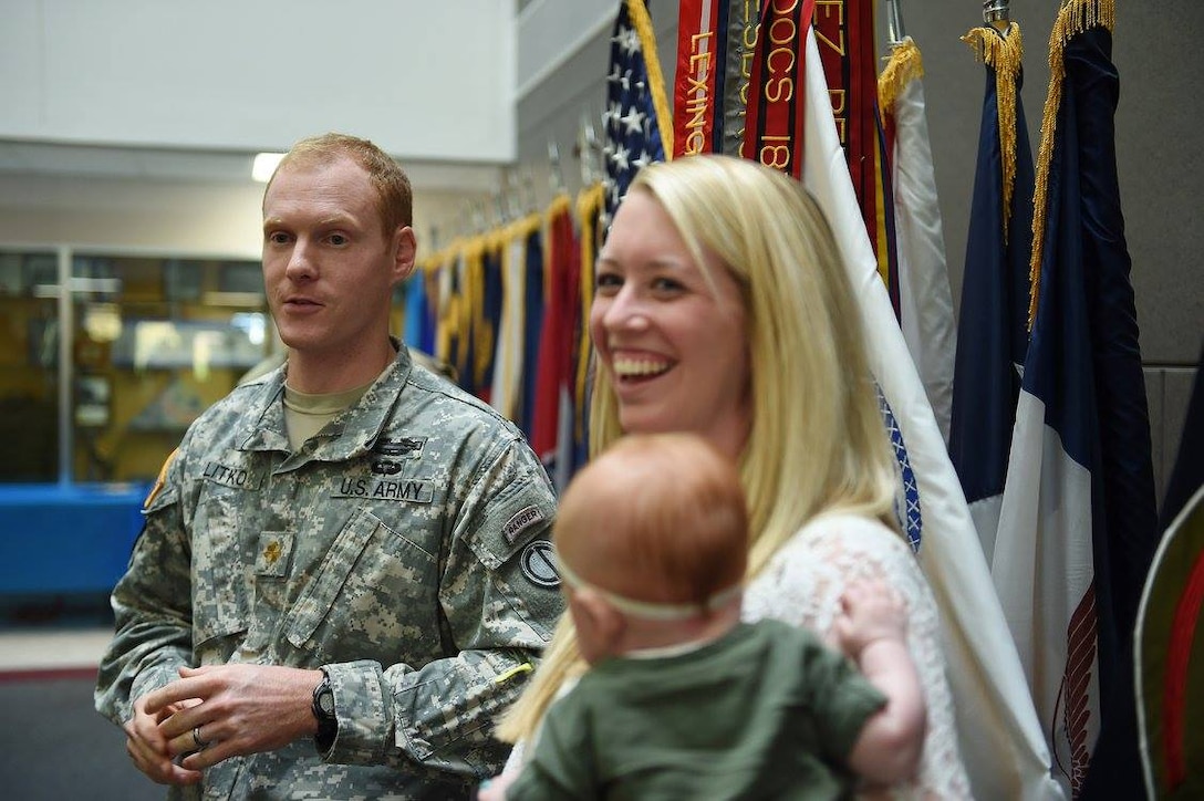 Maj. Russell Litko, Headquarters and Headquarters Company Commander, 85th Support Command, gives remarks following his promotion to major during the command's battle assembly weekend training, Nov. 5, 2016. (Photo by Sgt. Aaron Berogan)