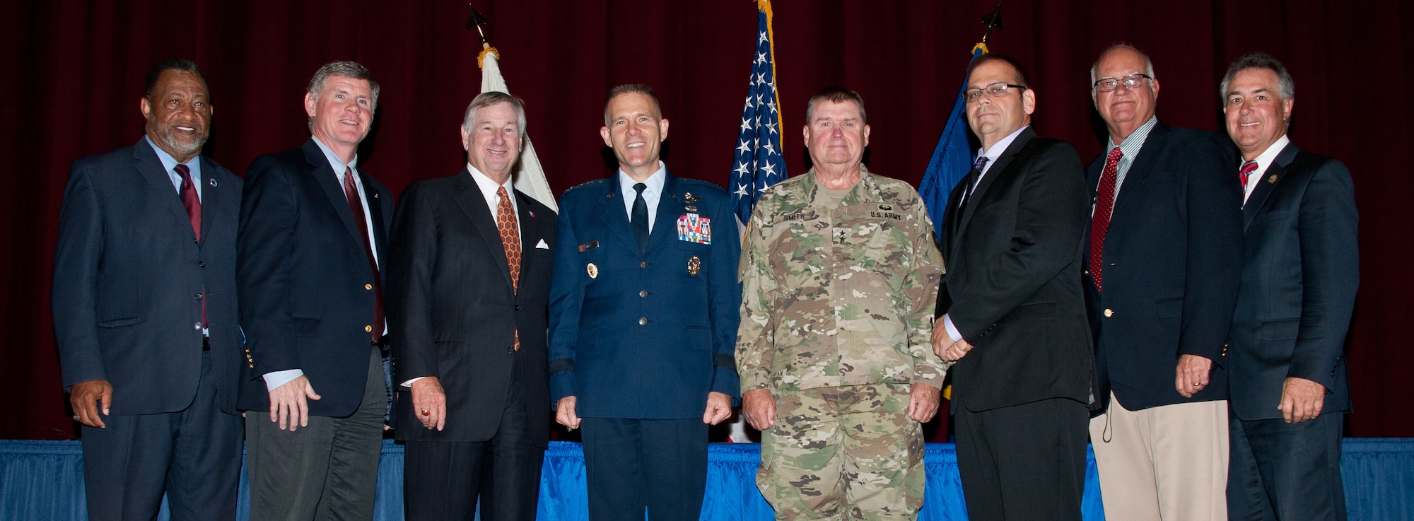 Maxwell AFB, Ala. - Civic leaders from Montgomery and surrounding communities of the River Region come together to honor the military with a proclamation signing designating Nov 6-12 Military Appreciation Week, Nov. 10, 2016. Montgomery County Commission Chairman Elton N. Dean, Sr., Montgomery Mayor Todd Strange, Wetumpka Mayor Jerry Willis, Millbrook Mayor Al Kelley, Pike Road Mayor Gordon Stone, Prattville Mayor Bill Gillespie, and Tallassee Mayor George McCain signed proclamations that were presented to Lieutenant General Steven Kwast, Commander and President, Air University, and Major General Perry Smith, Adjutant General Alabama National Guard.  (US Air Force photo by Melanie Rodgers Cox) 