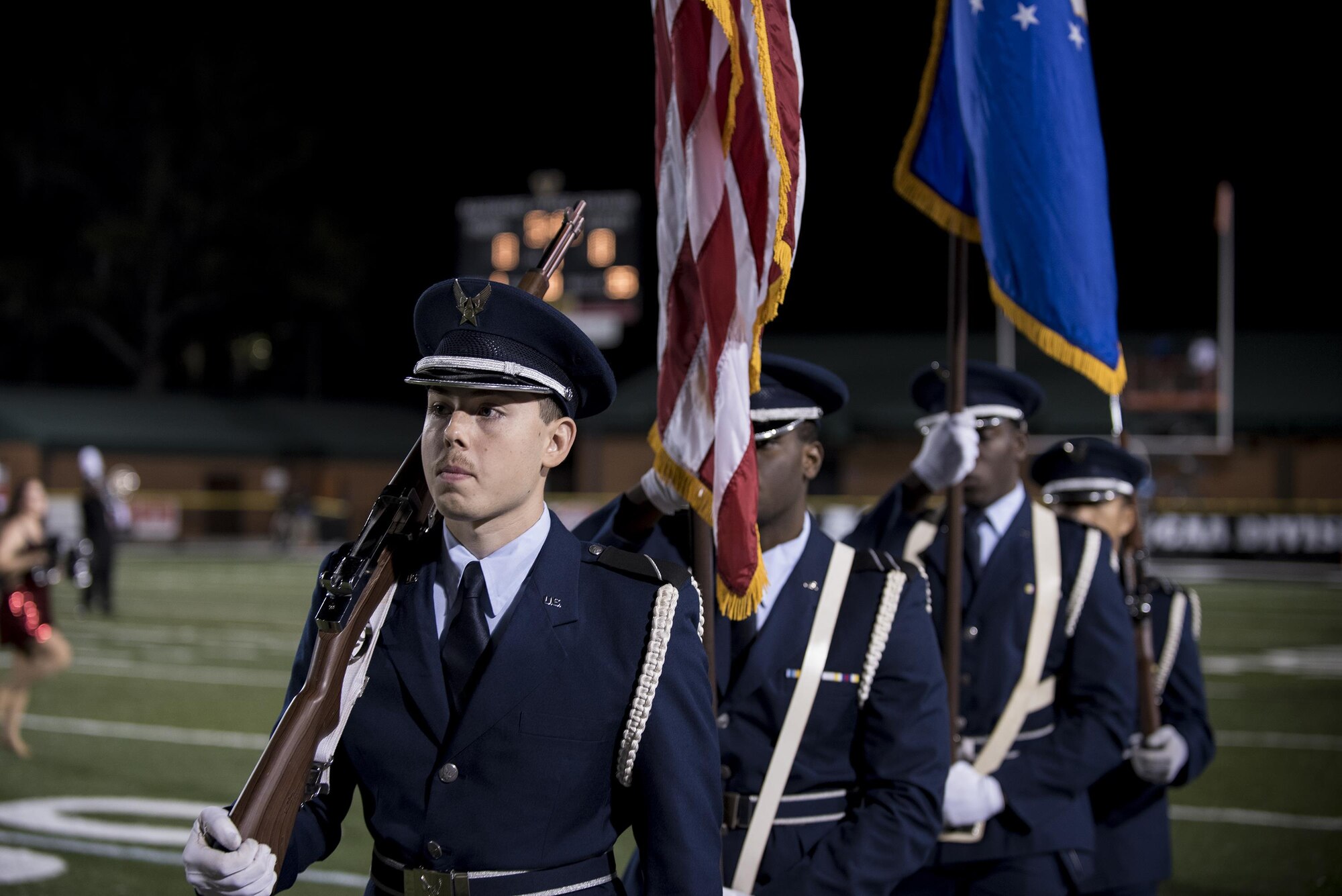 Members of the Air Force Reserve Officer Training Corps, Detachment 172 from Valdosta State University, present the colors before the start of a VSU military appreciation game, Nov. 12, in Valdosta, Ga. Veterans were invited to stand and be honored as their branch’s song was performed by the VSU band. (U.S. Air Force photo by Airman 1st Class Daniel Snider)