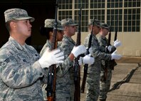 Maxwell honor guard members improve their skills on the firing party ceremonies with the Air Force Honor Guard Mobile Training Team, Nov. 9, 2016, Maxwell Air Force Base, Ala. The team was trained on proficiency as well as safety.(U.S. Air Force photo/ Senior Airman Alexa Culbert)