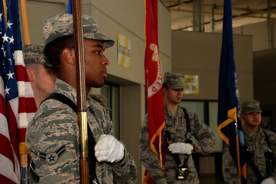Maxwell honor guard members learn proper color guard movements during training with the Air Force Honor Guard Mobile Team, Nov. 9, 2016, Maxwell Air Force Base, Ala. Twelve Maxwell honor guard members take part in eight days of training to better refine their skills. (U.S. Air Force photo/ Senior Airman Alexa Culbert)