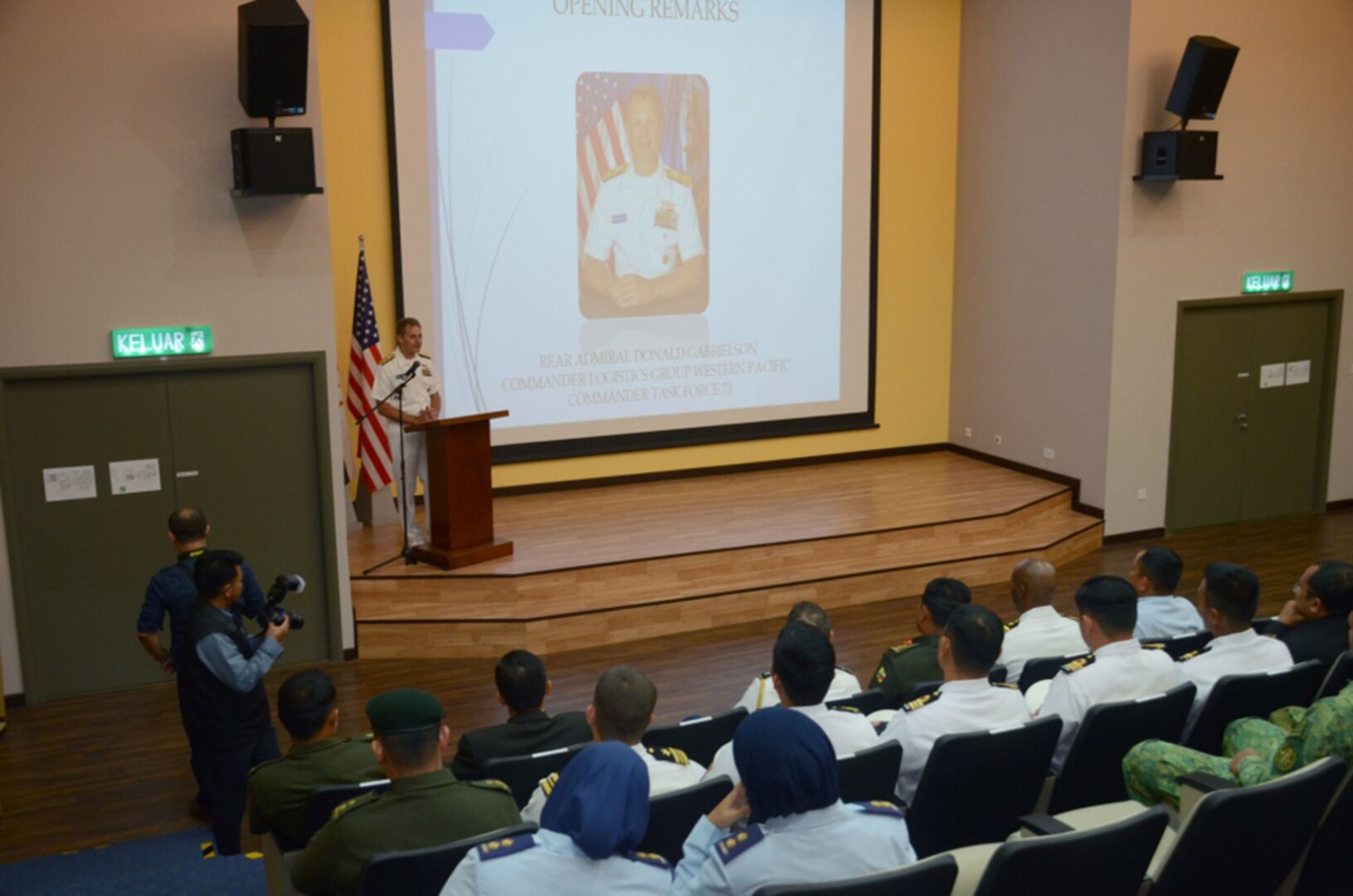 Rear Adm. Don Gabrielson, Commander, Logistics Group Western Pacific/Task Force 73, delivers remarks during the opening ceremony for Cooperation Afloat Readiness and Training (CARAT) Brunei, Nov, 14, 2016. CARAT is a series of annual maritime exercises between the U.S. Navy, U.S. Marine Corps and the armed forces of nine partner nations to include Bangladesh, Brunei, Cambodia, Indonesia, Malaysia, the Philippines, Singapore, Thailand, and Timor-Leste. 