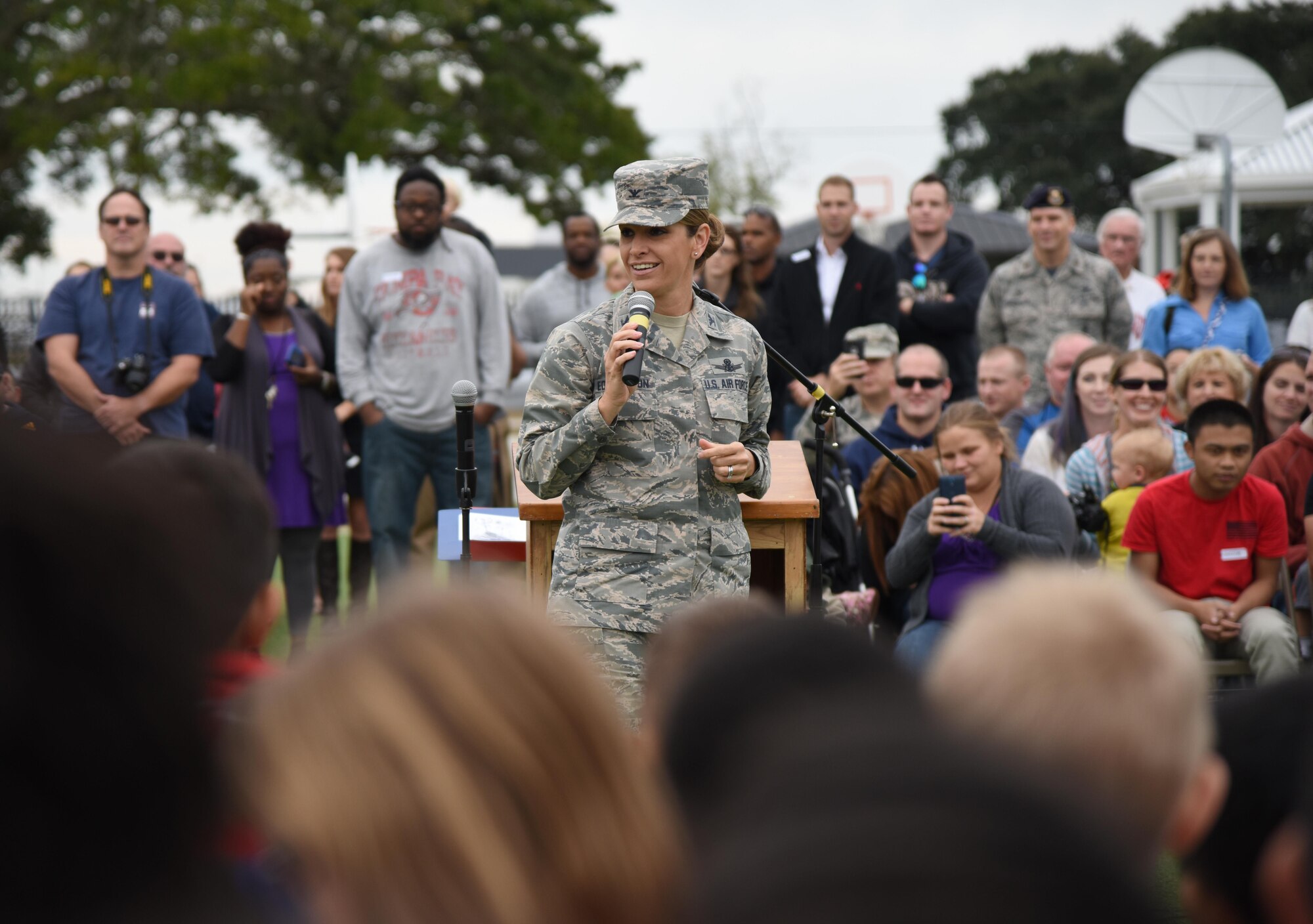 Col. Michele Edmondson, 81st Training Wing commander, delivers remarks during a Jeff Davis Elementary School Veterans Day Celebration Nov. 11, 2016, in Biloxi, Miss. During the event, students delivered the Pledge of Allegiance and sang several patriotic songs. The Keesler Honor Guard and other service members also participated in the event. (U.S. Air Force photo by Kemberly Groue/Released)