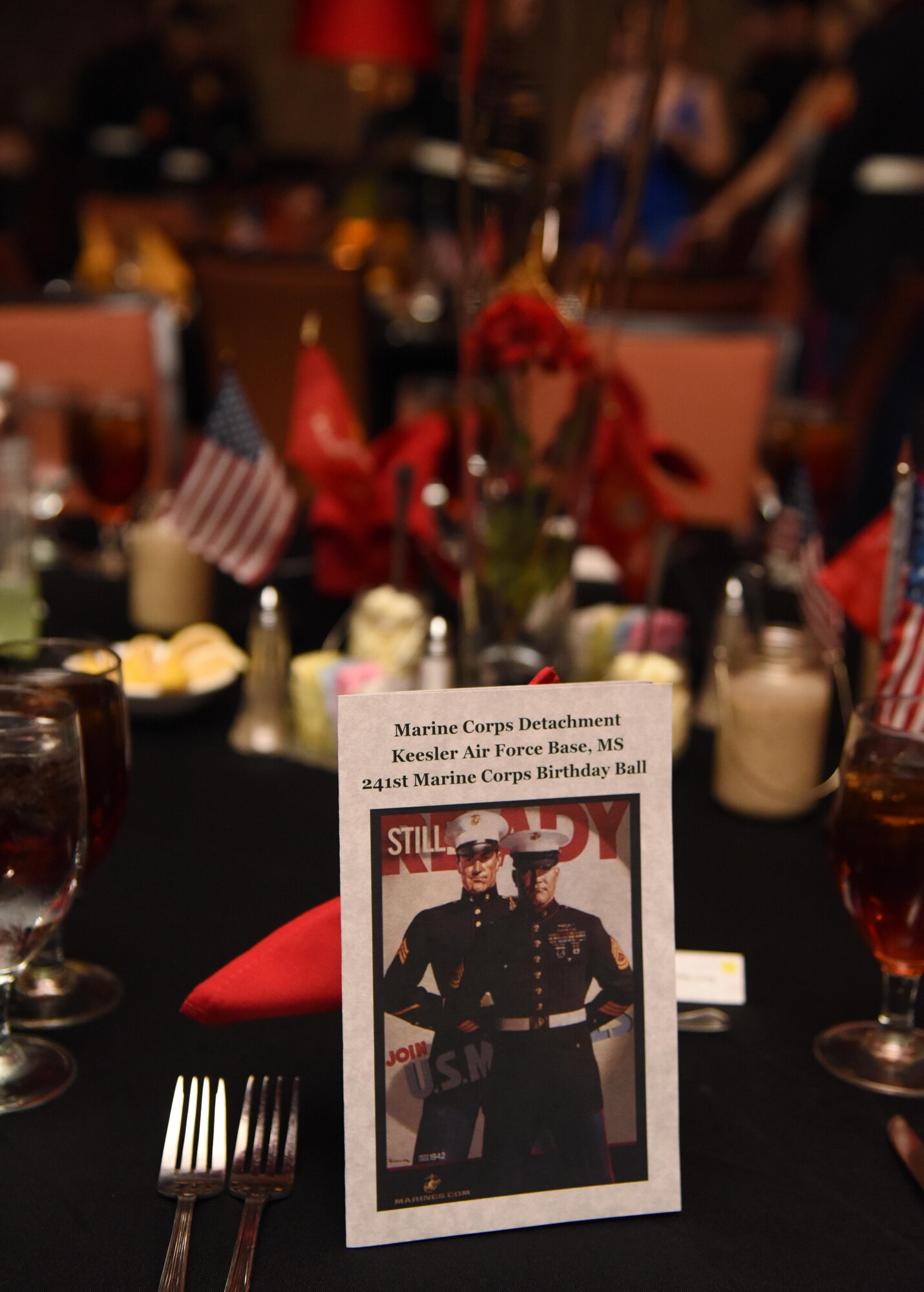 An event program sits on display during the 241st Marine Corps Birthday Ball at the Golden Nugget Casino Nov. 11, 2016, in Biloxi, Miss. More than 300 service members and guests attended the Keesler Marine Detachment-hosted event which featured Sgt. Maj. Dustin Kazmar, Marine Aviation Logistics Squadron 11 squadron sergeant major, as the guest speaker.. (U.S. Air Force photo by Kemberly Groue/Released)
