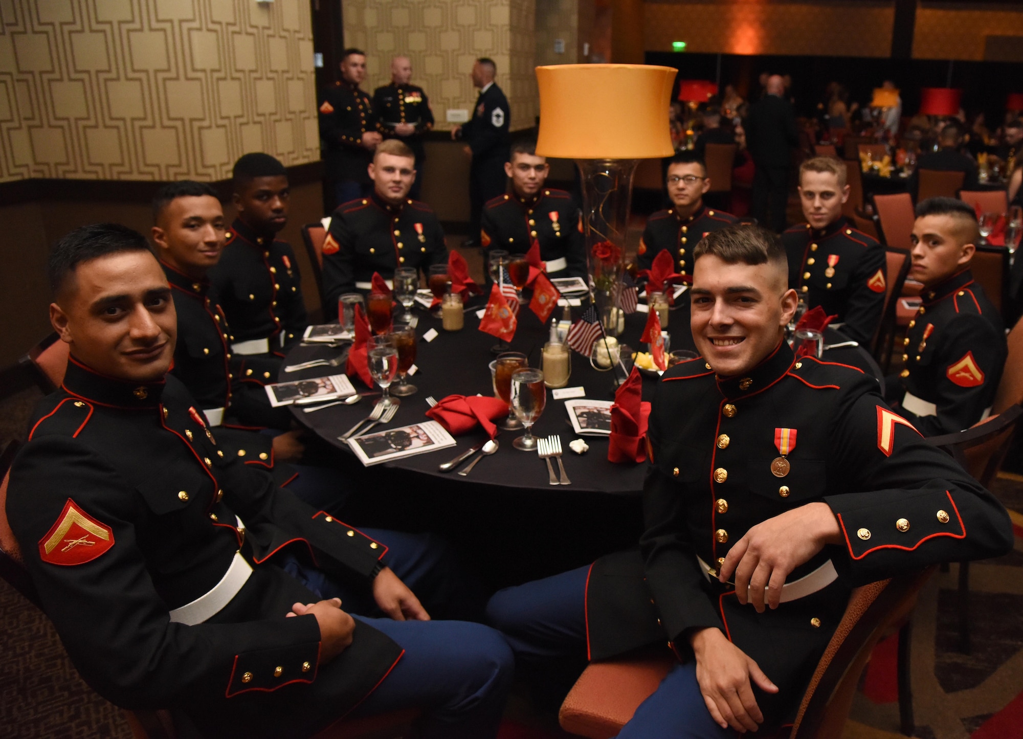 Marines from the Keesler Marine Detachment attend the 241st Marine Corps Birthday Ball at the Golden Nugget Casino Nov. 11, 2016, in Biloxi, Miss. More than 300 service members and guests attended the Keesler MARDET-hosted event which featured Sgt. Maj. Dustin Kazmar, Marine Aviation Logistics Squadron 11 squadron sergeant major, as the guest speaker.(U.S. Air Force photo by Kemberly Groue/Released)