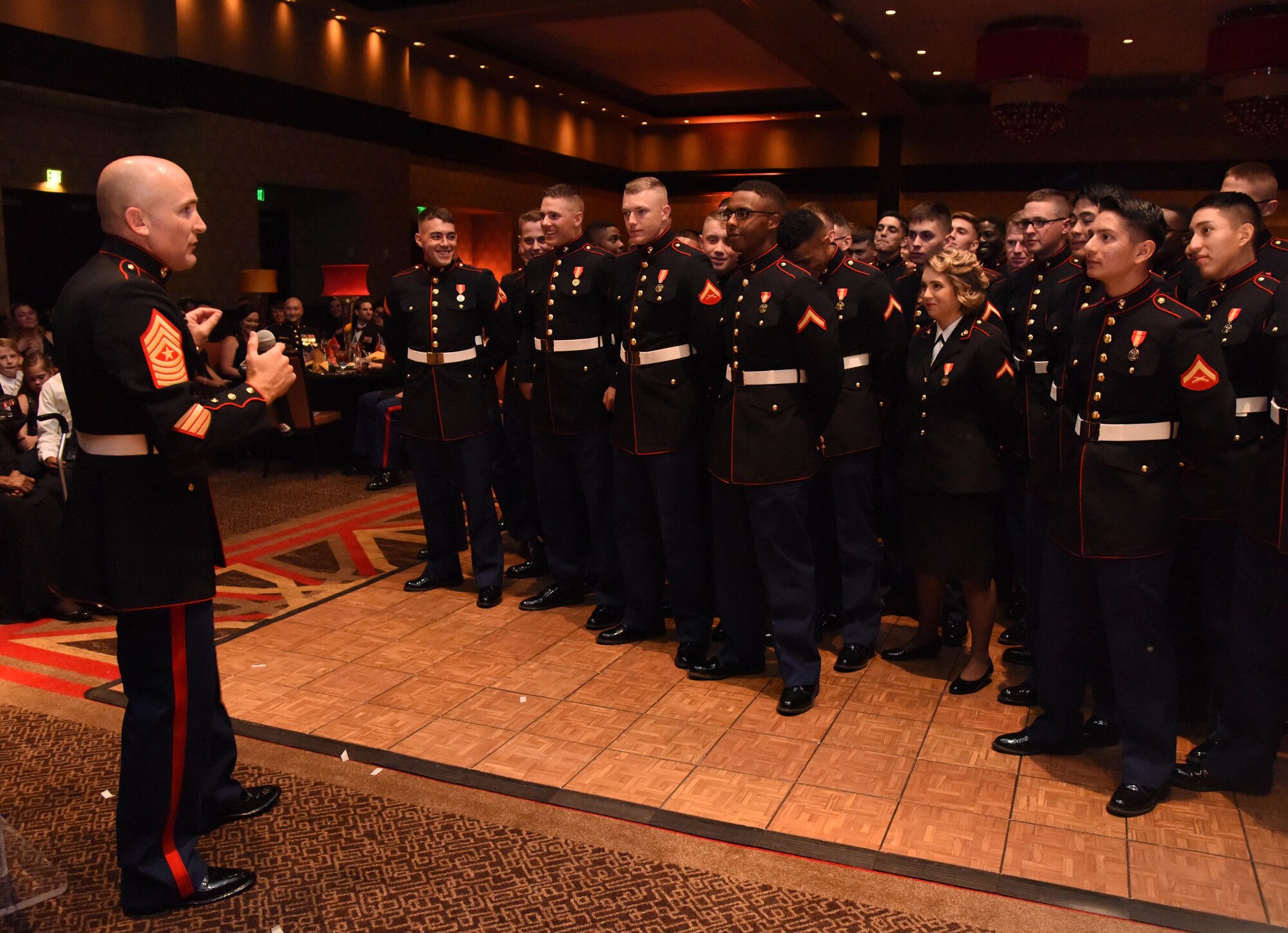 Sgt. Maj. Dustin Kazmar, Marine Aviation Logistics Squadron 11 squadron sergeant major, speaks to Marines from the Keesler Marine Detachment during the 241st Marine Corps Birthday Ball at the Golden Nugget Casino Nov. 11, 2016, in Biloxi, Miss. Kazmar served as the guest speaker during the event. More than 300 service members and guests attended the Keesler MARDET-hosted event. (U.S. Air Force photo by Kemberly Groue/Released)