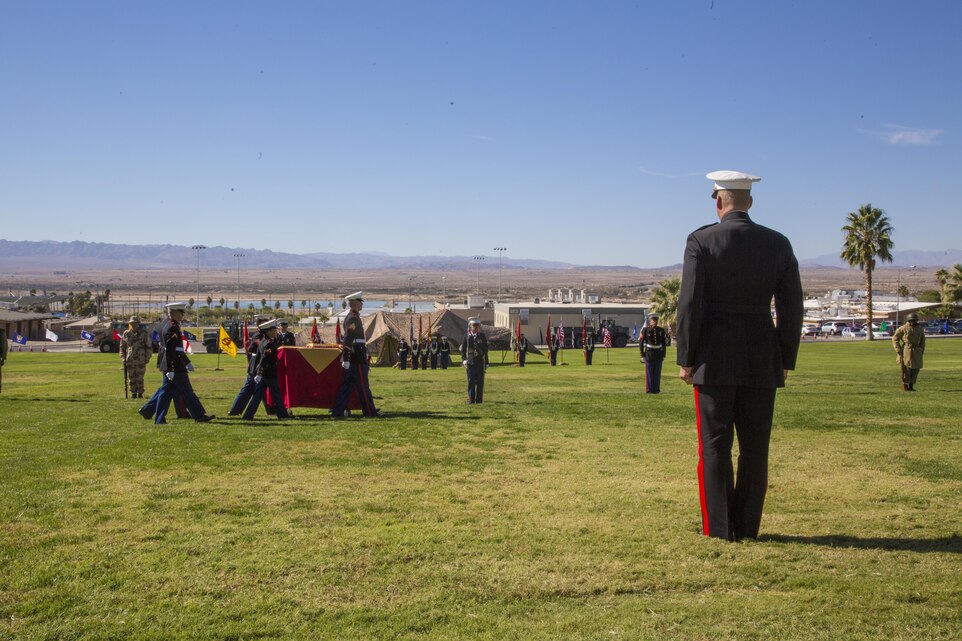 Brig. Gen. William F. Mullen III, Combat Center Commanding General, calls forth the Marine Corps Birthday Cake during the Marine Corps Birthday Uniform Pageant at Lance Cpl. Torrey L. Gray Field aboard the Marine Corps Air Ground Combat Center, Twentynine Palms, Calif., Nov. 10, 2016. The pageant celebrates 241 years of Marine Corps history and traditions. (Official Marine Corps photo by Lance Cpl. Anabel Abreu-Rodriguez/Released)