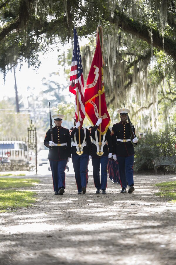 Marines with 4th Marine Division, Marine Forces Reserve, march on the colors during a wreath-laying at the gravesite of Gen. Robert H. Barrow, 27th Commandant of the Marines Corps, at Grace Church of West Feliciana Cemetery in St. Francisville, La., Nov. 10, 2016. The Marines lay the wreath at Barrow’s final resting to honor 41 years of his distinguished service and to remember his contribution to the Corps. (U.S. Marine Corps photo by Sgt. Sara Graham/released) 
