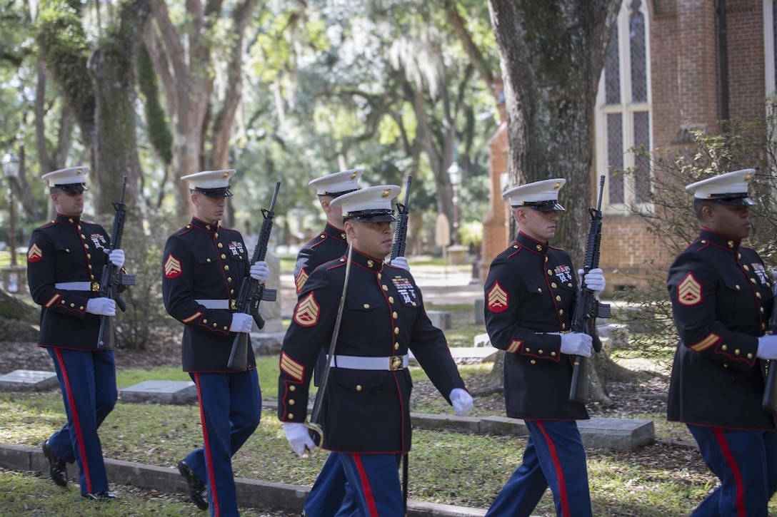 A rifle team of Marines from Truck Company, 23rd Marine regiment, 4th Marine Division, Marine Forces Reserve, participate in a wreath-laying  ceremony at the gravesite of Gen. Robert H. Barrow, 27th Commandant of the Marines Corps, at Grace Church of West Feliciana Cemetery in St. Francisville, La., Nov. 10, 2016. The Marines lay the wreath at Barrow’s final resting place each year to honor his contributions to the Marine Corps. (U.S. Marine Corps by Sgt. Sara Graham/released) 