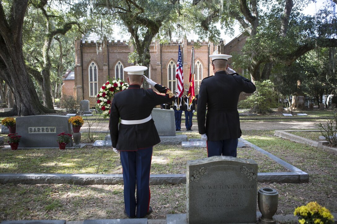 Colonel Gerry W. Leonard, chief of staff, 4th Marine Division, Marine Forces Reserve, and Sgt. Maj. Daniel W. Fliegel, Sergeant Major of 4th MARDIV, salute the final resting place of Gen. Robert H. Barrow, 27th Commandant of the Marines Corps, at Grace Church of West Feliciana Cemetery in St. Francisville, La., Nov. 10, 2016. Barrow was recognized for his distinguished service during World War II, the Korean War, and Vietnam. He served as the commandant from 1979 to 1983. (U.S. Marine Corps photo by Sgt. Sara Graham/released) 