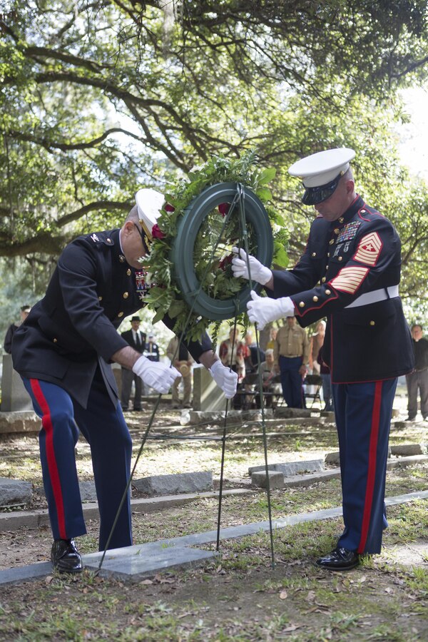 Colonel Gerry W. Leonard, chief of staff, 4th Marine Division, Marine Forces Reserve, and Sgt. Maj. Daniel W. Fliegel, Sergeant Major of 4th MARDIV, place a wreath at the final resting place of Gen. Robert H. Barrow, 27th Commandant of the Marines Corps, at Grace Church of West Feliciana Cemetery in St. Francisville, La., Nov. 10, 2016. Barrow was recognized for his distinguished service during World War II, the Korean War, and Vietnam. He served as the commandant from 1979 to 1983. (U.S. Marine Corps photo by Sgt. Sara Graham/released)