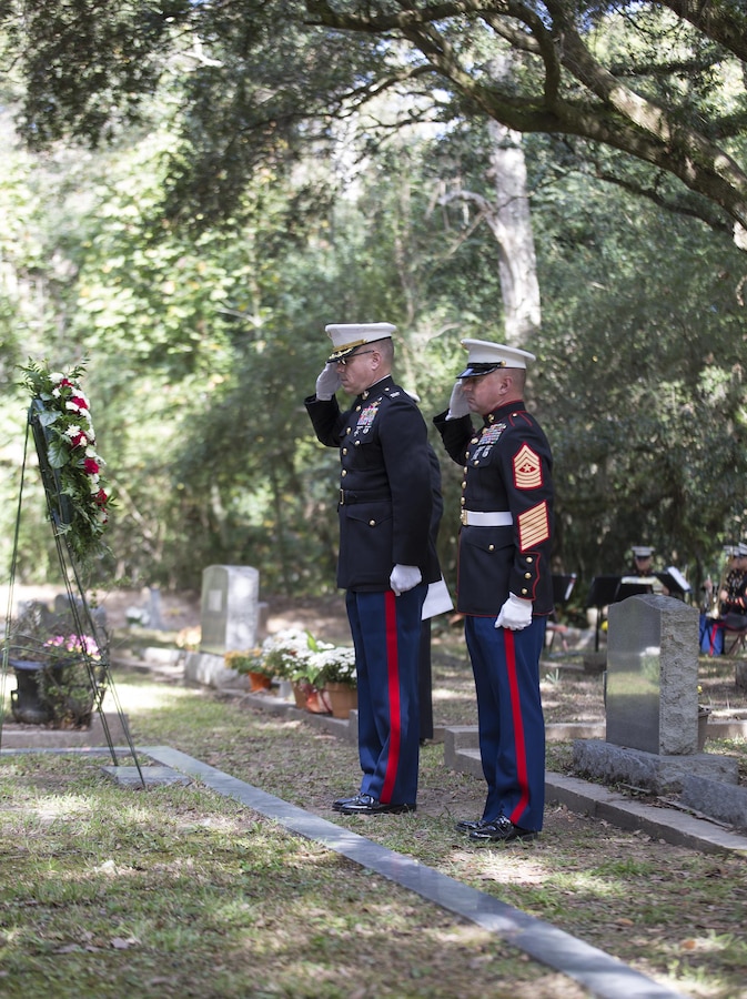Colonel Gerry W. Leonard, chief of staff, 4th Marine Division, Marine Forces Reserve, and Sgt. Maj. Daniel W. Fliegel, Sergeant Major of 4th MARDIV, salute the final resting place of Gen. Robert H. Barrow, 27th Commandant of the Marines Corps, at Grace Church of West Feliciana Cemetery in St. Francisville, La., Nov. 10, 2016. Barrow was recognized for his distinguished service during World War II, the Korean War and Vietnam. He served as the commandant from 1979 to 1983. (U.S. Marine Corps photo by Sgt. Sara Graham/released