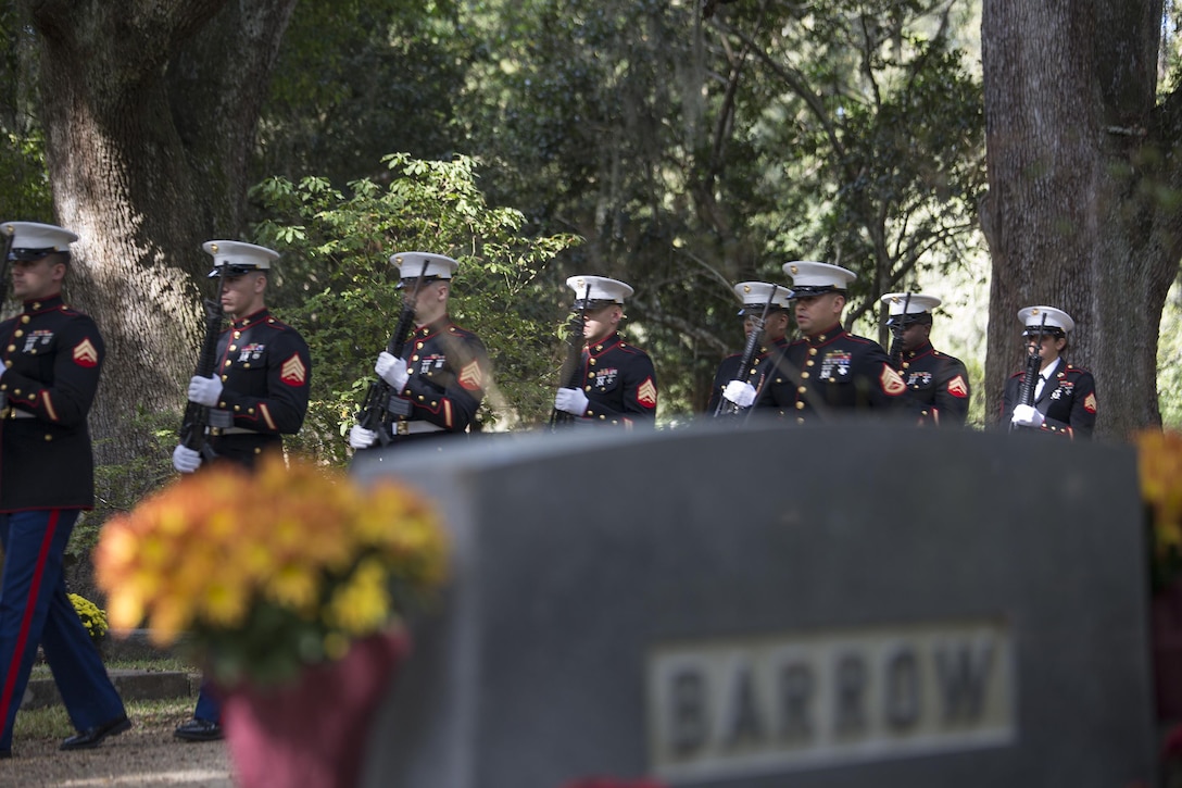 A rifle team of Marines from Truck Company, 23rd Marine regiment, 4th Marine Division, participate in a wreath-laying  ceremony at the gravesite of Gen. Robert H. Barrow, 27th Commandant of the Marines Corps, at Grace Church of West Feliciana Cemetery in St. Francisville, La., Nov. 10, 2016. The Marines lay the wreath at Barrow’s final resting place each year to honor his contributions to the Marine Corps. (U.S. Marine Corps by Sgt. Sara Graham/released) 