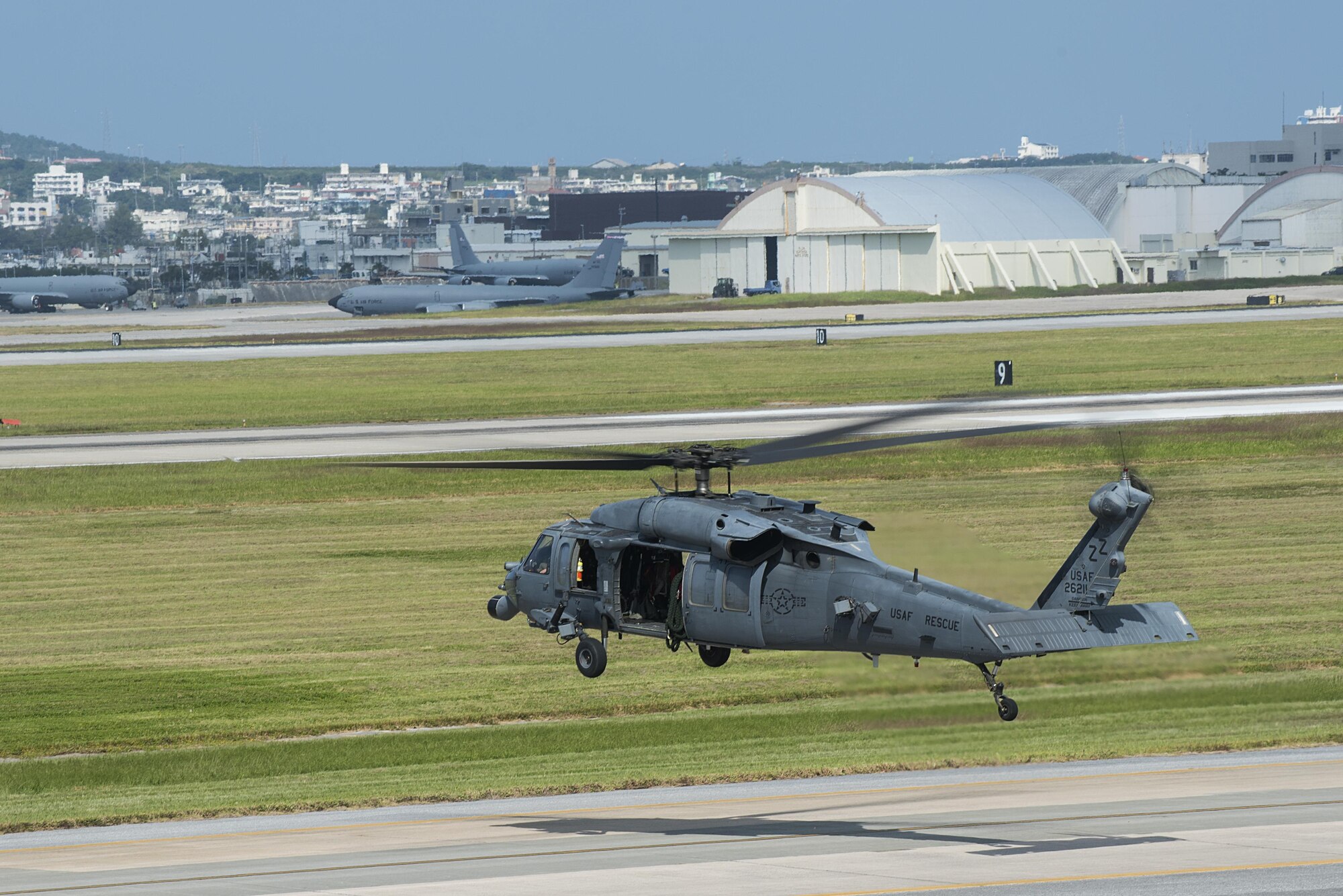 An HH-60 Pave Hawk from the 33rd Rescue Squadron takes off during Exercise Keen Sword 17 Nov. 8, 2016, at Kadena Air Base, Japan. Significant training activities during Keen Sword 17 include air and sea operations, integrated air and missile defense and ballistic missile defense in order to keep pace with the growing ballistic missile threat in the Indo-Asia-Pacific region. (U.S. Air Force photo by Airman 1st Class Corey M. Pettis)