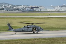 An HH-60 Pave Hawk from the 33rd Rescue Squadron takes off during Exercise Keen Sword 17 Nov. 8, 2016, at Kadena Air Base, Japan. Keen Sword is the latest in a series of joint/bilateral field training exercises since 1986 involving U.S. military and Japan Self-Defense Force designed to increase combat readiness and interoperability of U.S. forces and the JSDF. (U.S. Air Force photo by Airman 1st Class Corey M. Pettis)