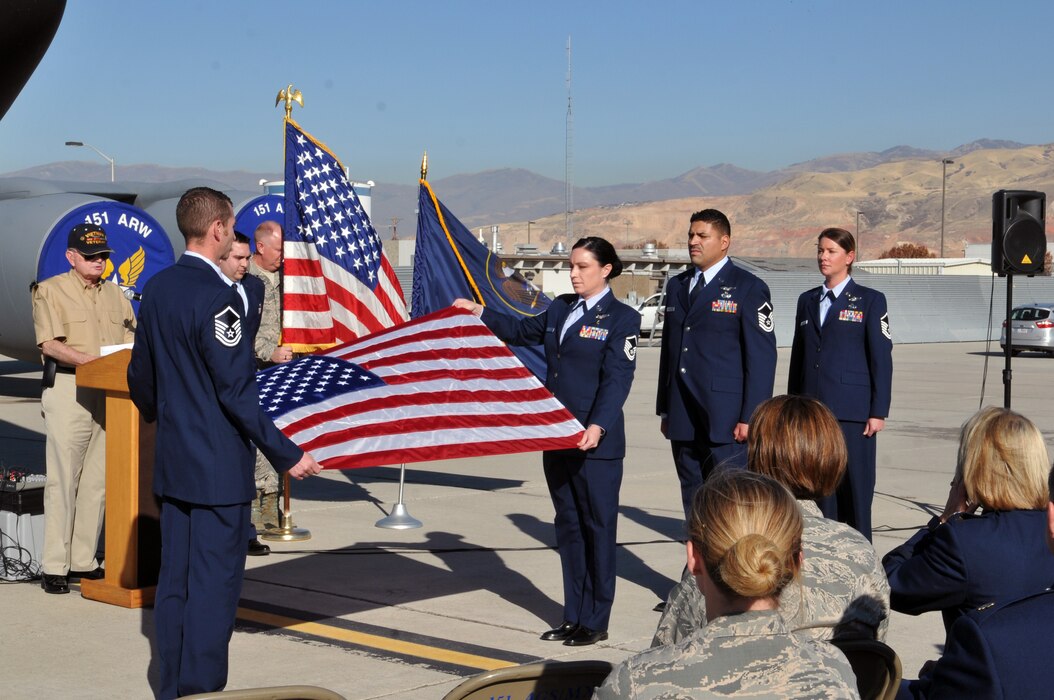 The Utah Air National Guard hosted a Community Nursing Services Honor Salute for retired Chief Master Sgt. Harry August on Nov. 9, 2016 at Roland R. Wright Air National Guard Base. August, a World War II, Korean and Vietnam War veteran, was presented with a flag, as well as certificates, a book and pin in honor of his service. (U.S. Air National Guard photo by Staff Sgt. Annie Edwards)