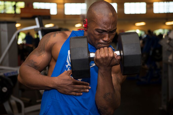 Tech Sgt. Jason Haden, Air Education and Training Command NCO in charge of instructor and support assignments, finishes a set of dumbbell curls at the Rambler Fitness Center on Joint Base San Antonio-Randolph Oct. 24, 2016. Haden competed in the National Physique Committee’s Lackland Classic, a bodybuilding competition, in San Antonio Nov. 12.