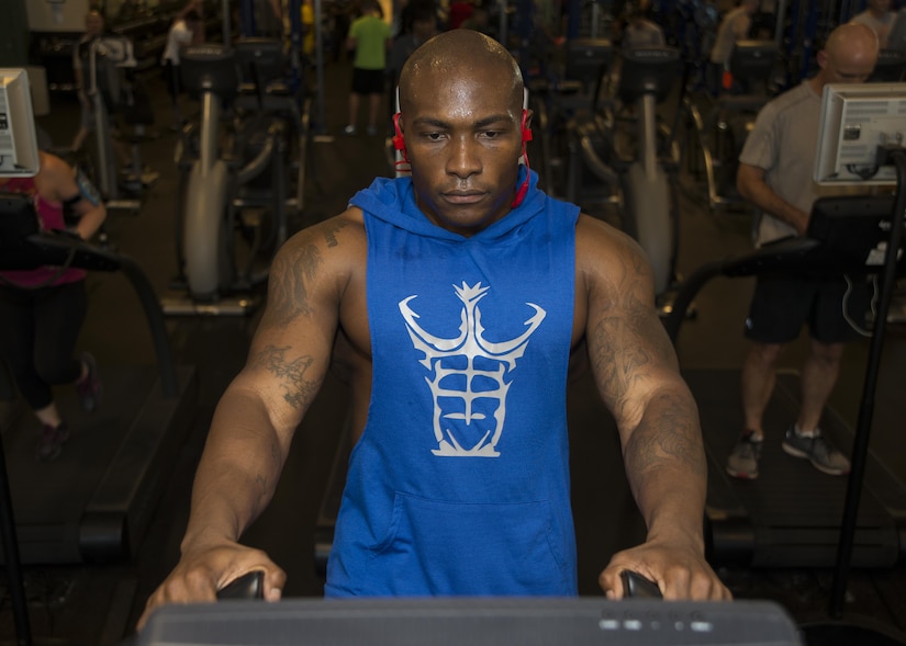 Tech Sgt. Jason Haden, Air Education and Training Command NCO in charge of instructor and support assignments, walks on the treadmill at full incline at the Rambler Fitness Center on Joint Base San Antonio-Randolph Oct. 24, 2016. Haden competed in the National Physique Committee’s Lackland Classic, a bodybuilding competition, in San Antonio Nov. 12.
