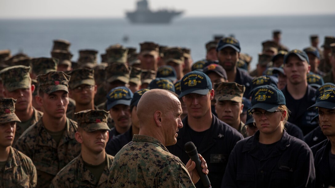 U.S. Marine Maj. Gen. Richard L. Simcock II, Commanding Officer, 3rd Marine Division, speaks to the Marines and Sailors aboard the amphibious transportation dock ship USS Green Bay (LPD 20) during Blue Chromite 2017 in Okinawa, Japan, October 29, 2016. Blue Chromite is a U.S. –only exercise which strengthens the Navy-Marine Corps expeditionary, amphibious rapid-response capabilities based in Okinawa and the greater Indo-Asia-Pacific region. (U.S. Marine Corps photo by Sgt. Isaac Ibarra)