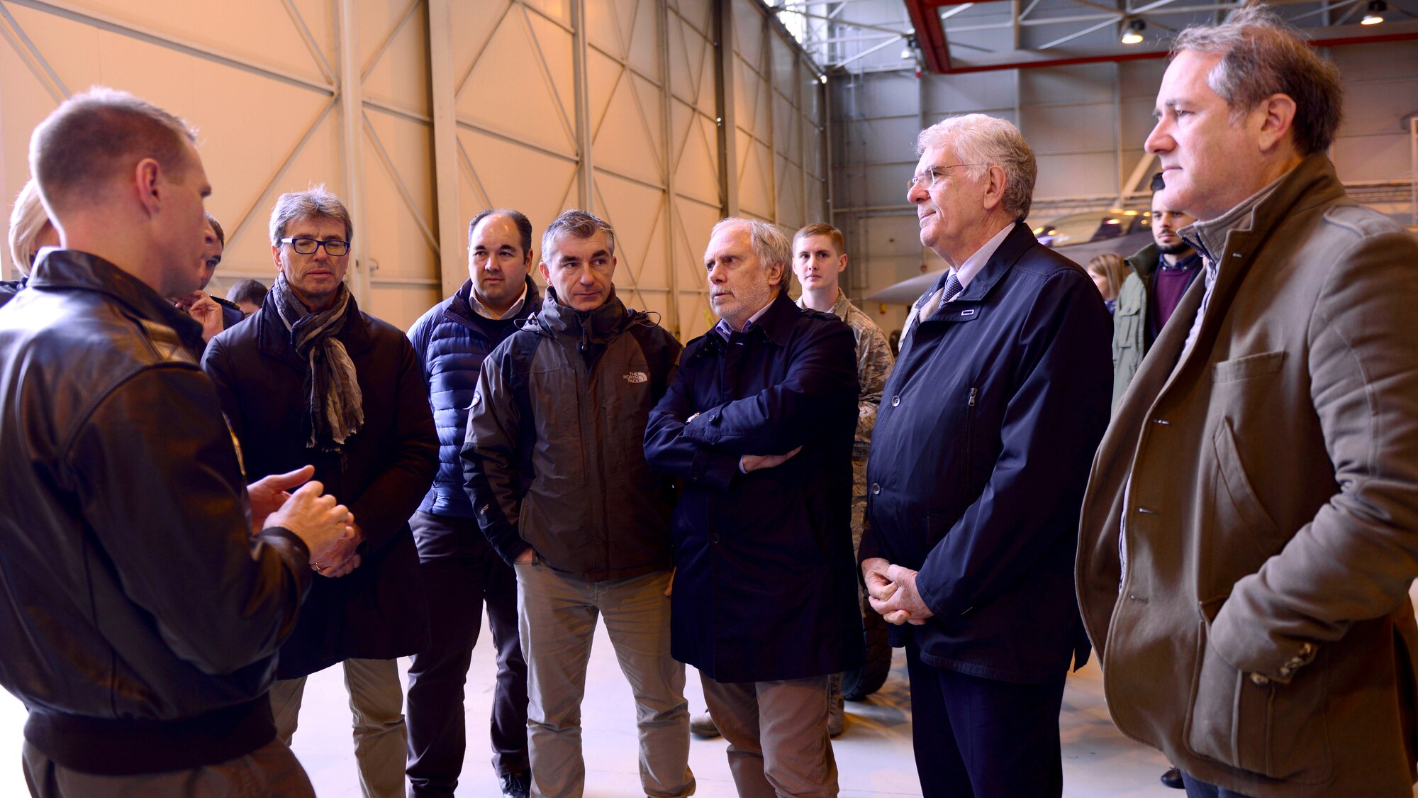 Brig. Gen. Lance Landrum, 31st Fighter Wing commander, speaks to Italian mayors from the local community during Mayor’s Day at Aviano Air Base, Italy on Nov. 11, 2016. The tour was hosted to introduce local community leaders to the 31st Fighter Wing mission. (U.S. Air Force photo by Senior Airman Areca T. Bell)