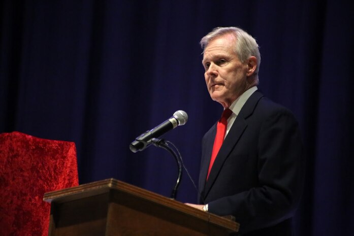 Secretary of the Navy, the Honorable Ray Mabus addresses a crowd during a ceremony at Marine Corps Air Station Cherry Point, N.C., Nov. 9, 2016. During the visit, Mabus announced that the Arleigh Burke-class destroyer, DDG 121, will be named the USS Frank E. Petersen Jr., in honor of the Marine Corps lieutenant general who was the first African-American Marine Corps aviator and Marine Corps general officer. Mabus also awarded MCAS Cherry Point with a certificate of achievement for its Blue level of achievement in the Fiscal Year 2016 SecNav Energy and Water Management Awards, for a well-rounded energy or water program. (U.S. Marine Corps photo by Sgt. N.W. Huertas/ Released) 
